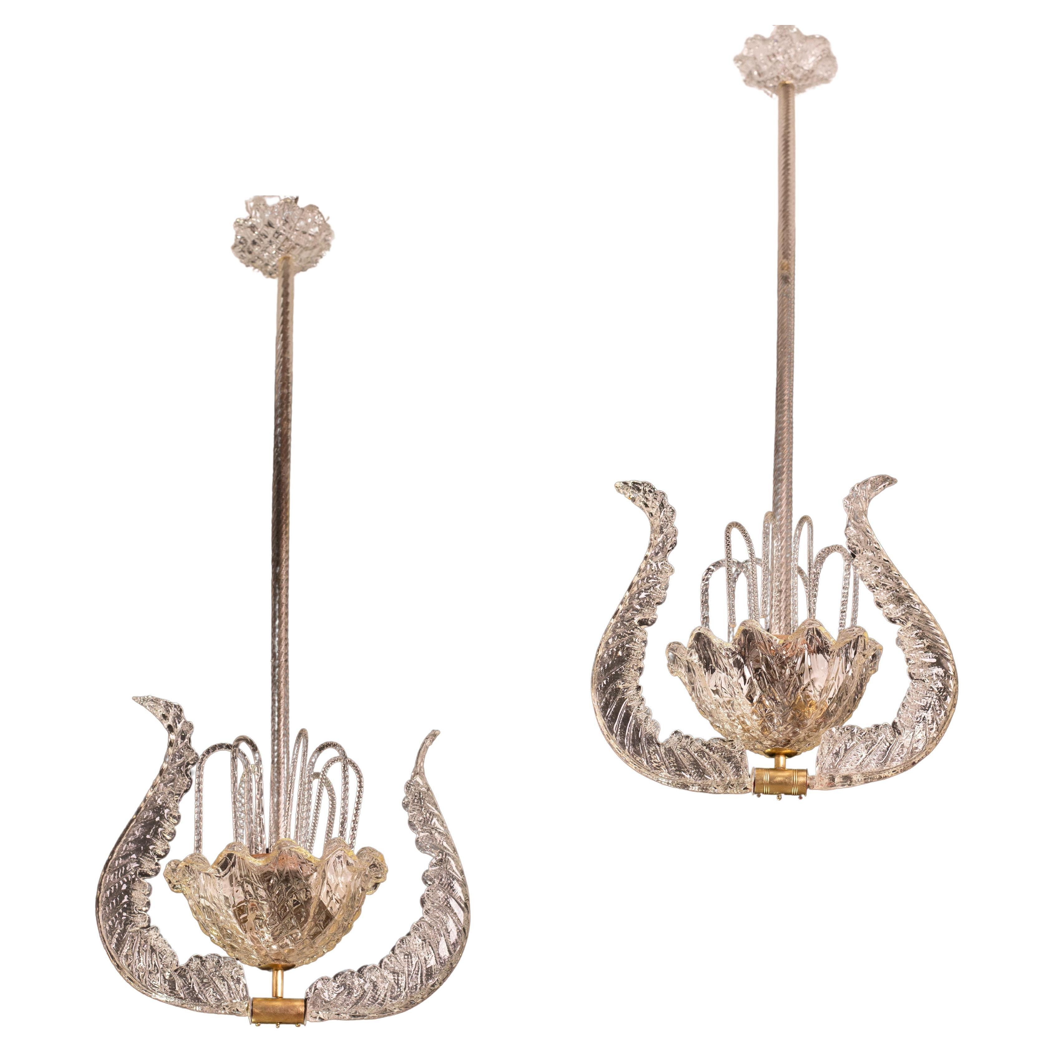 Set of 2 Art Decò Fountain Chandelier By Barovier e Toso, Murano Glass, 1940