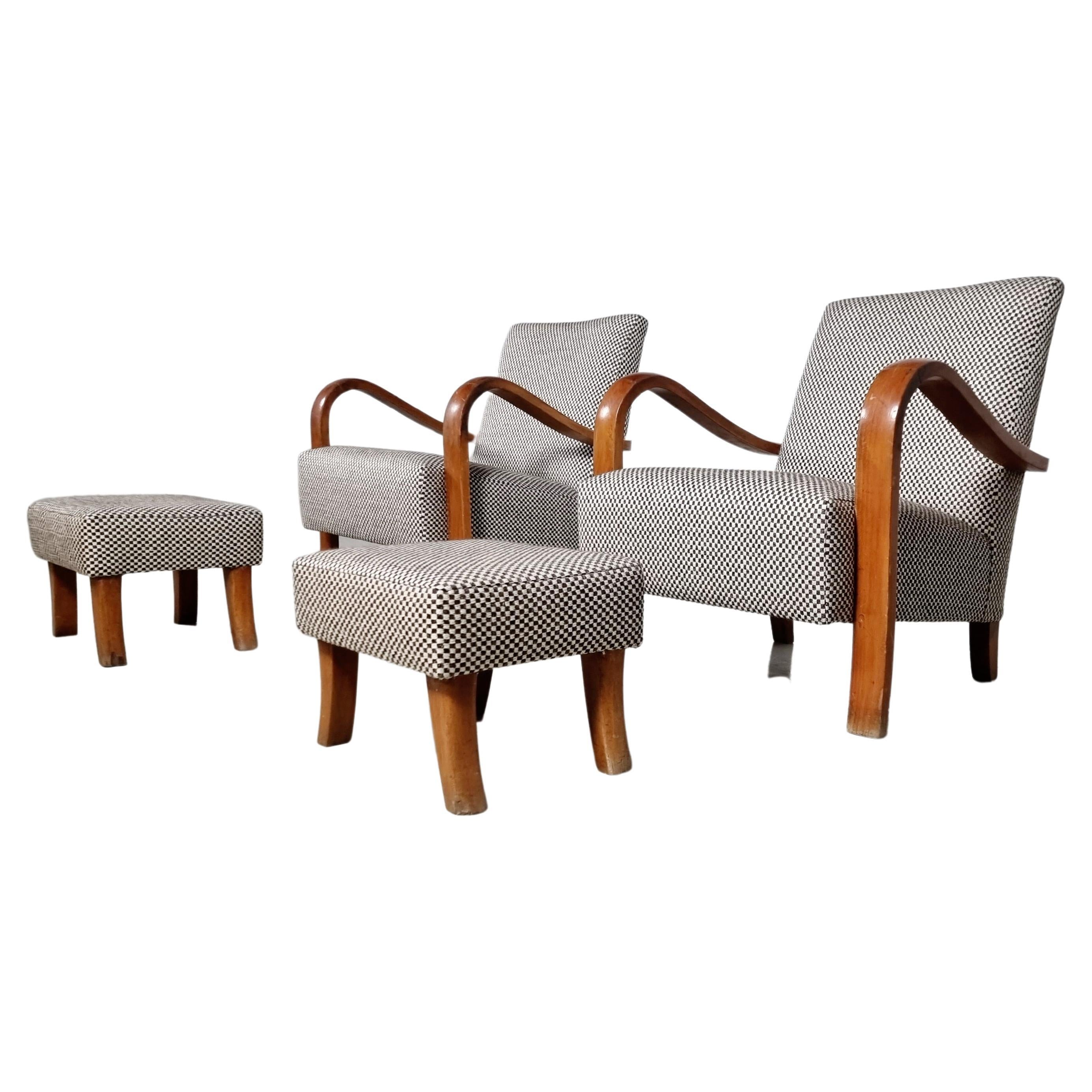 Set of 2 Art Deco Lounge Chairs with Matching Ottomans, France, 1930