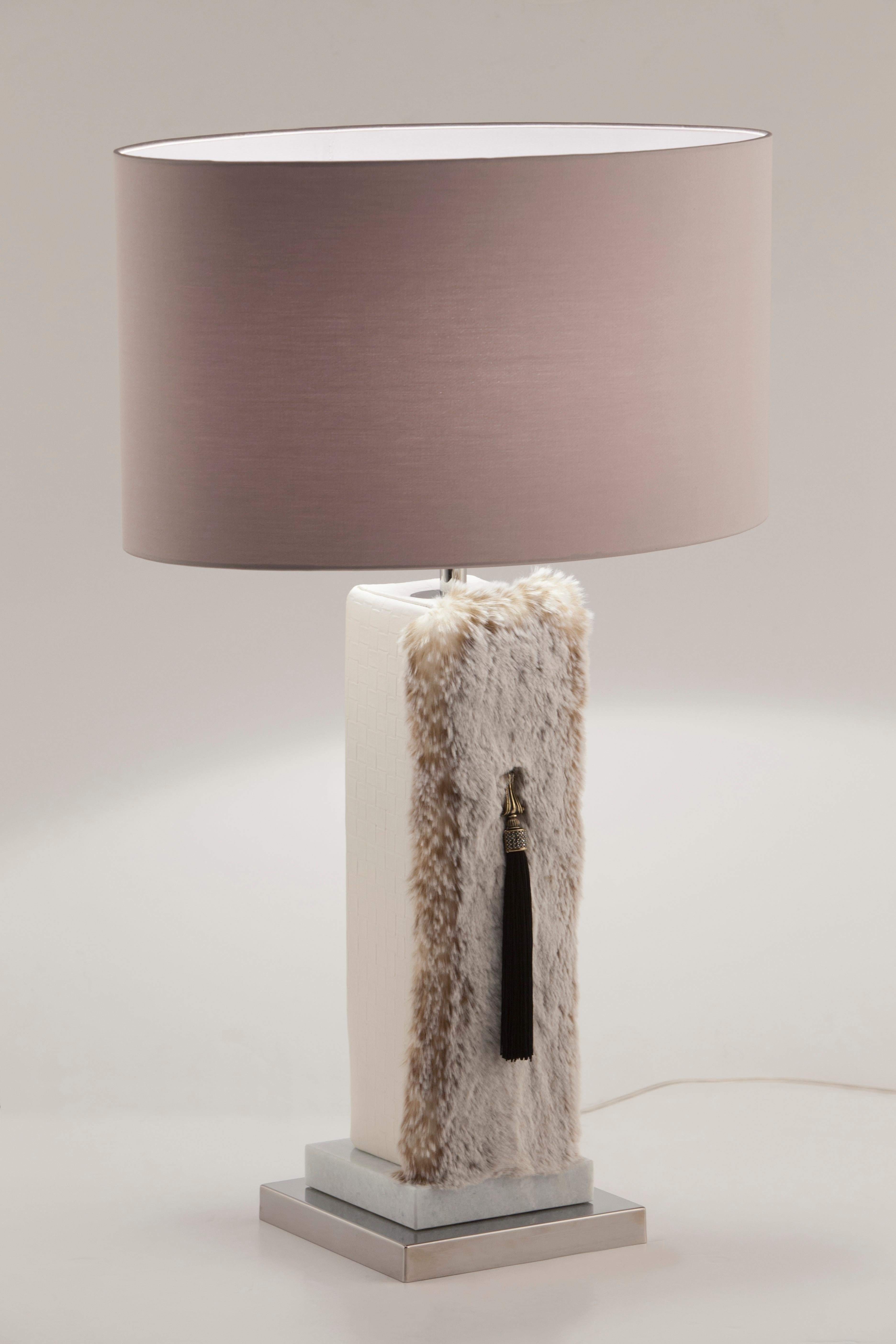 Portuguese Set of 2 Art Deco Matos Table Lamp, Beige Lampshade, Faux Fur, by Greenapple For Sale