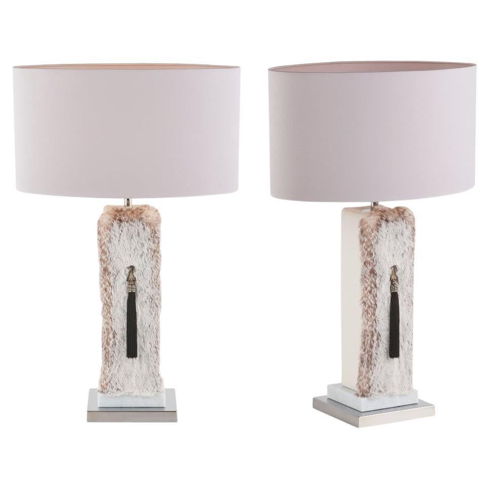 Set of 2 Art Deco Matos Table Lamp, Beige Lampshade, Faux Fur, by Greenapple