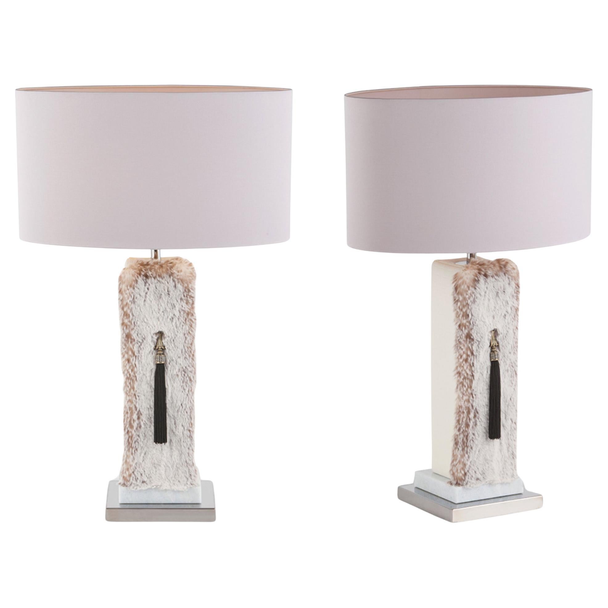 Set aus 2 Art-Déco-Tischlampen Matos, beigefarbener Lampenschirm, Kunstpelz, von Greenapple
