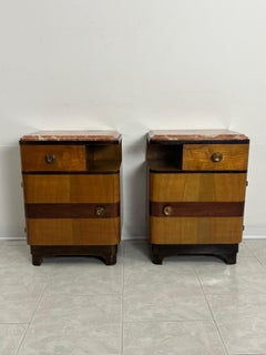 Set of 2 Art Deco Mid-Century Wood And Marble Bedside Tables 1940s