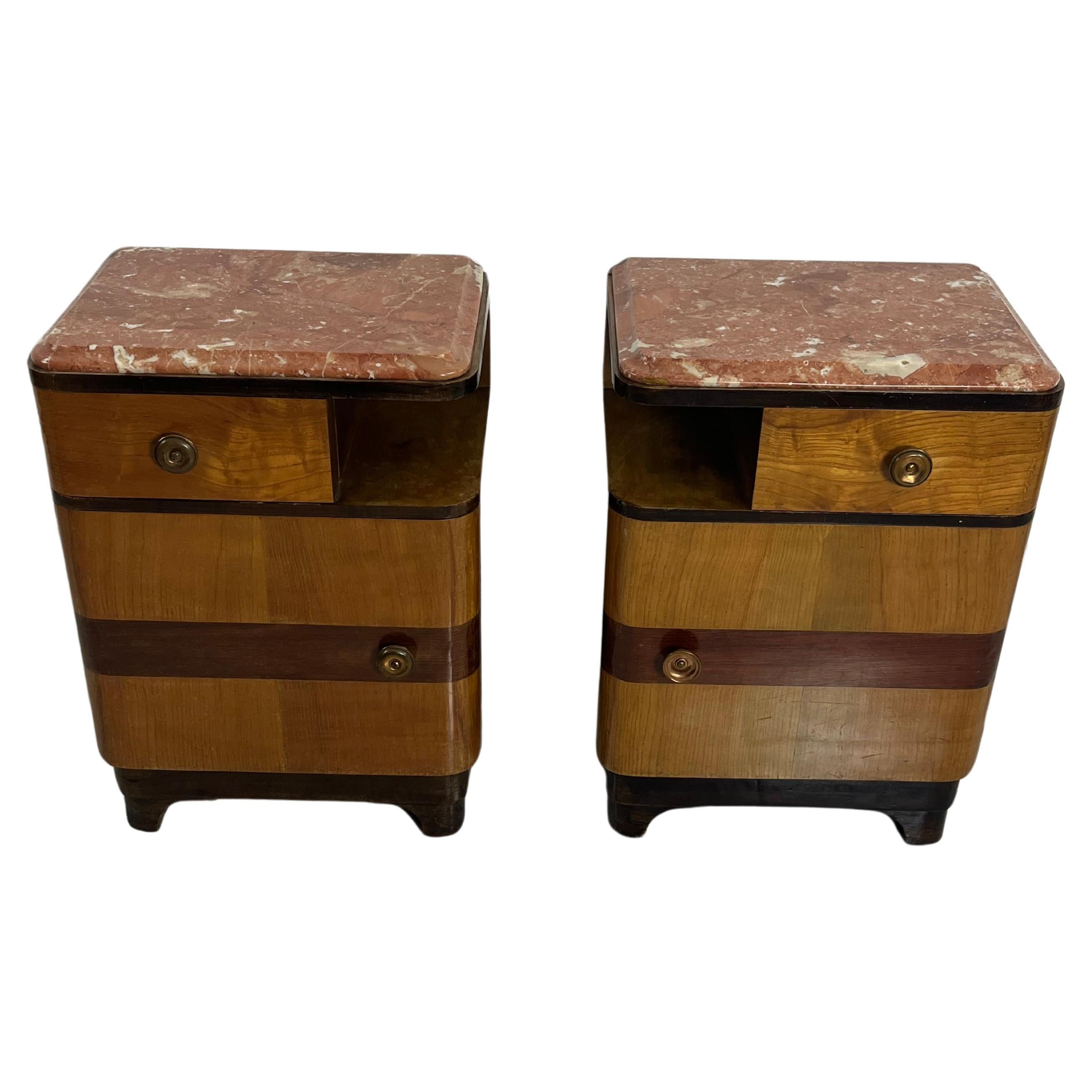 Set von 2 Art-Déco-Nachttischen aus Holz und Marmor aus der Mitte des Jahrhunderts, 1940er Jahre