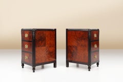Set of 2 Art Deco nightstands in burl veneer, oak and copper, France ca. 1910