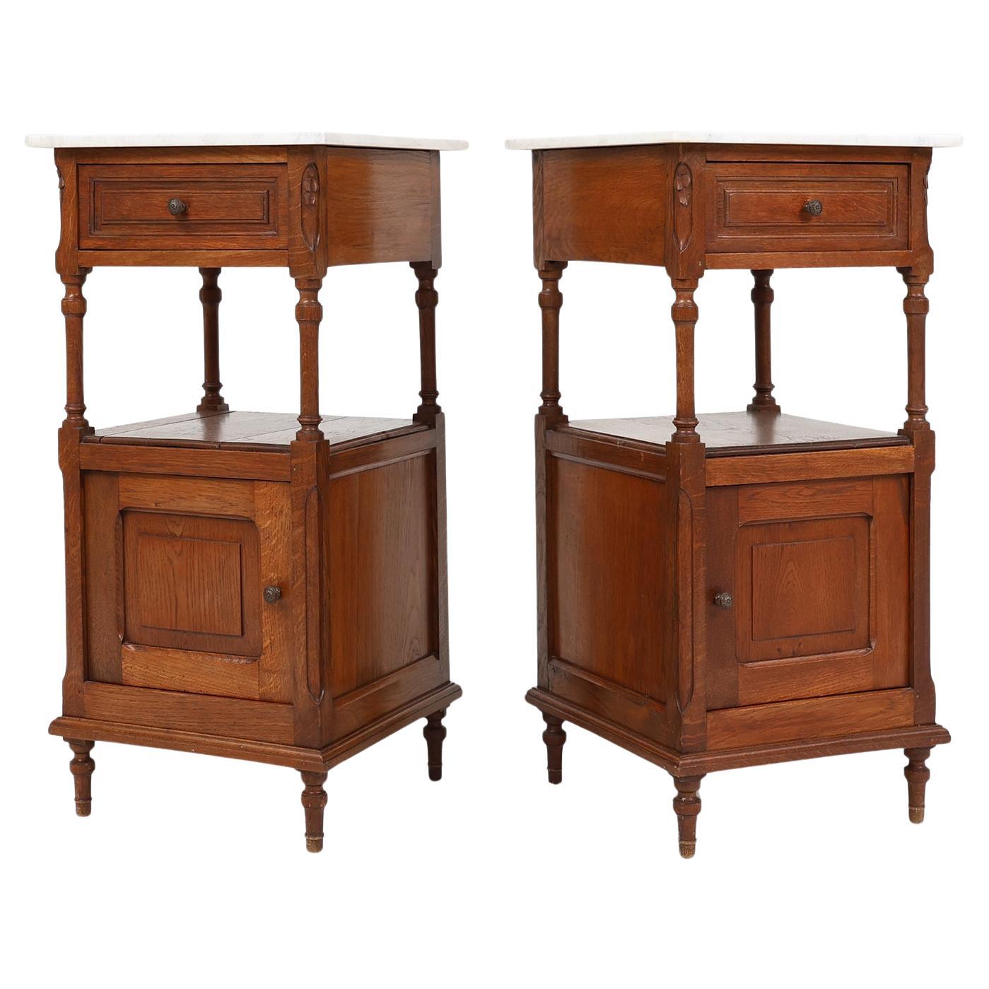 Set of 2 Art Deco nightstands in oak with carrara marble top, France 1930s