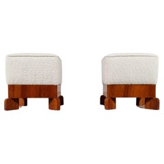 Set of 2 Art Deco Ottomans in Walnut and Bouclé, France, 1930s