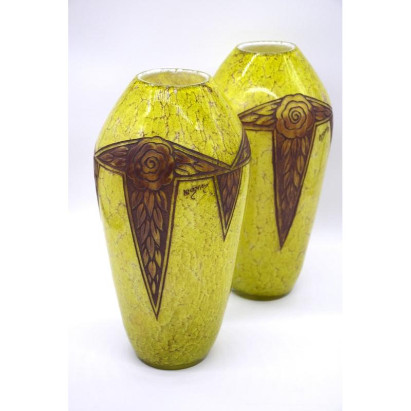 Set of 2 Art Deco Ovoid Vases by F-T Legras, 1920s For Sale 12