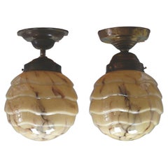 Set of 2 Art Déco Pendant Lights With Marbled Glass, 1930s