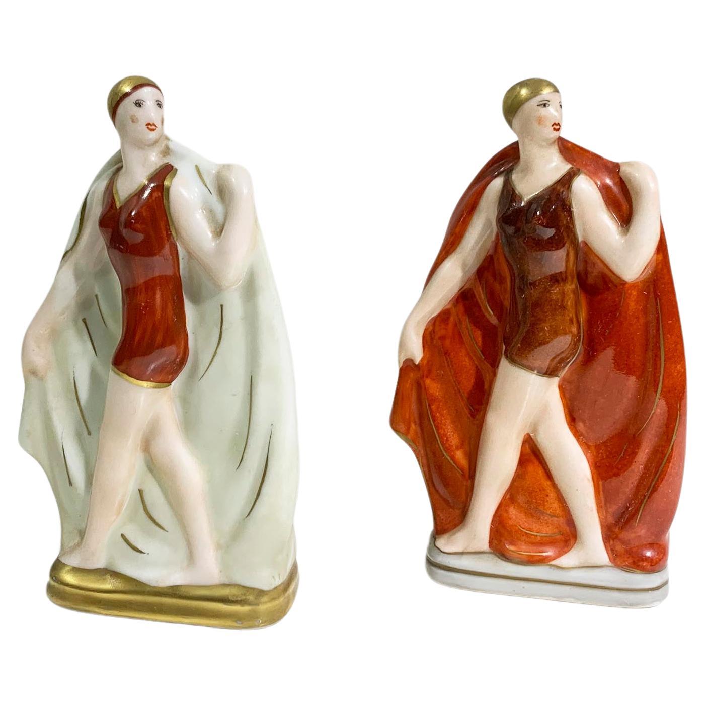 Set of 2 Art Deco Porcelain Figurines Signed Amelin - Rauche / "Limoges France" For Sale