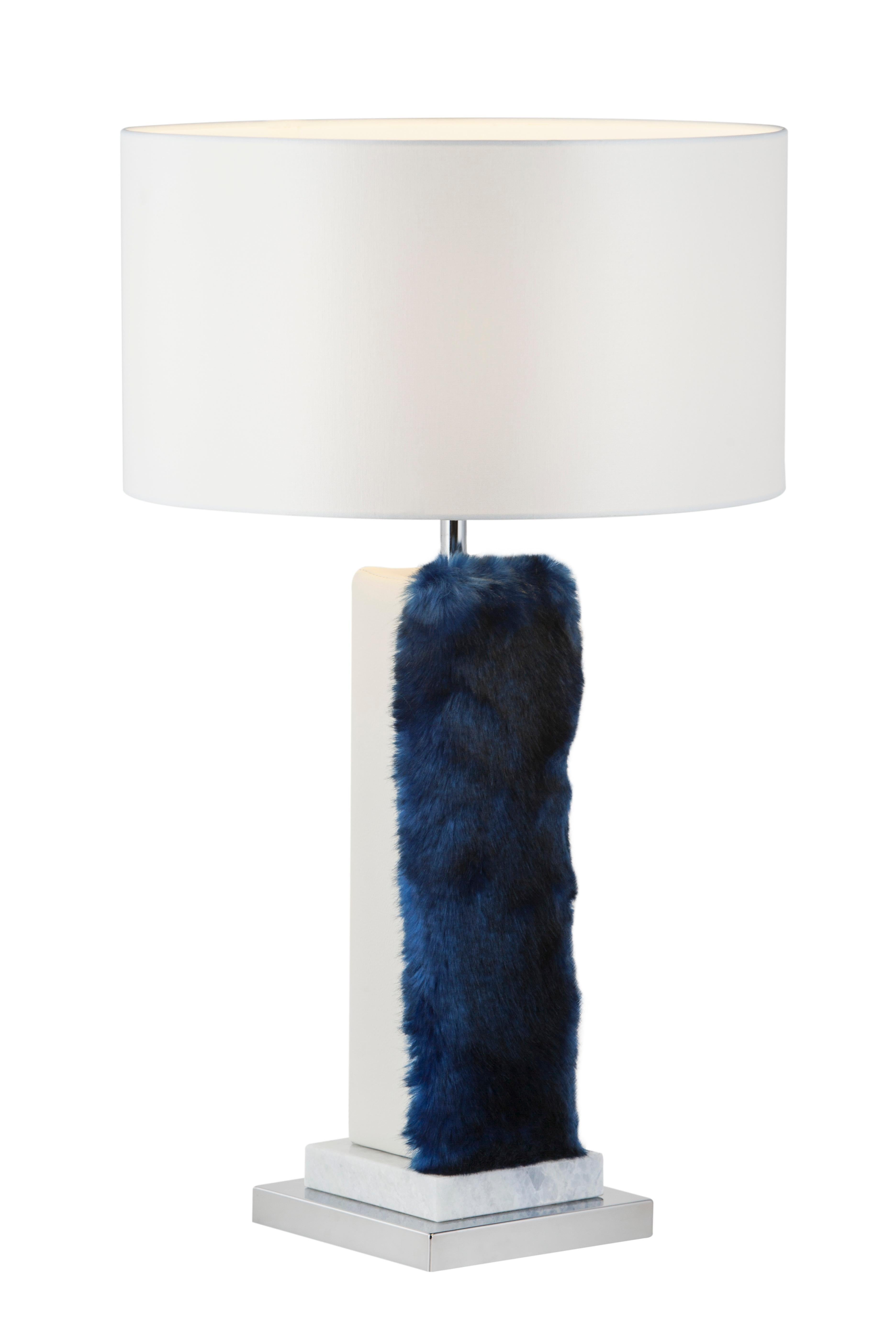 Modern Set of 2 Art Deco Simões Table Lamp, Blue Faux Fur Handmade Portugal Greenapple For Sale