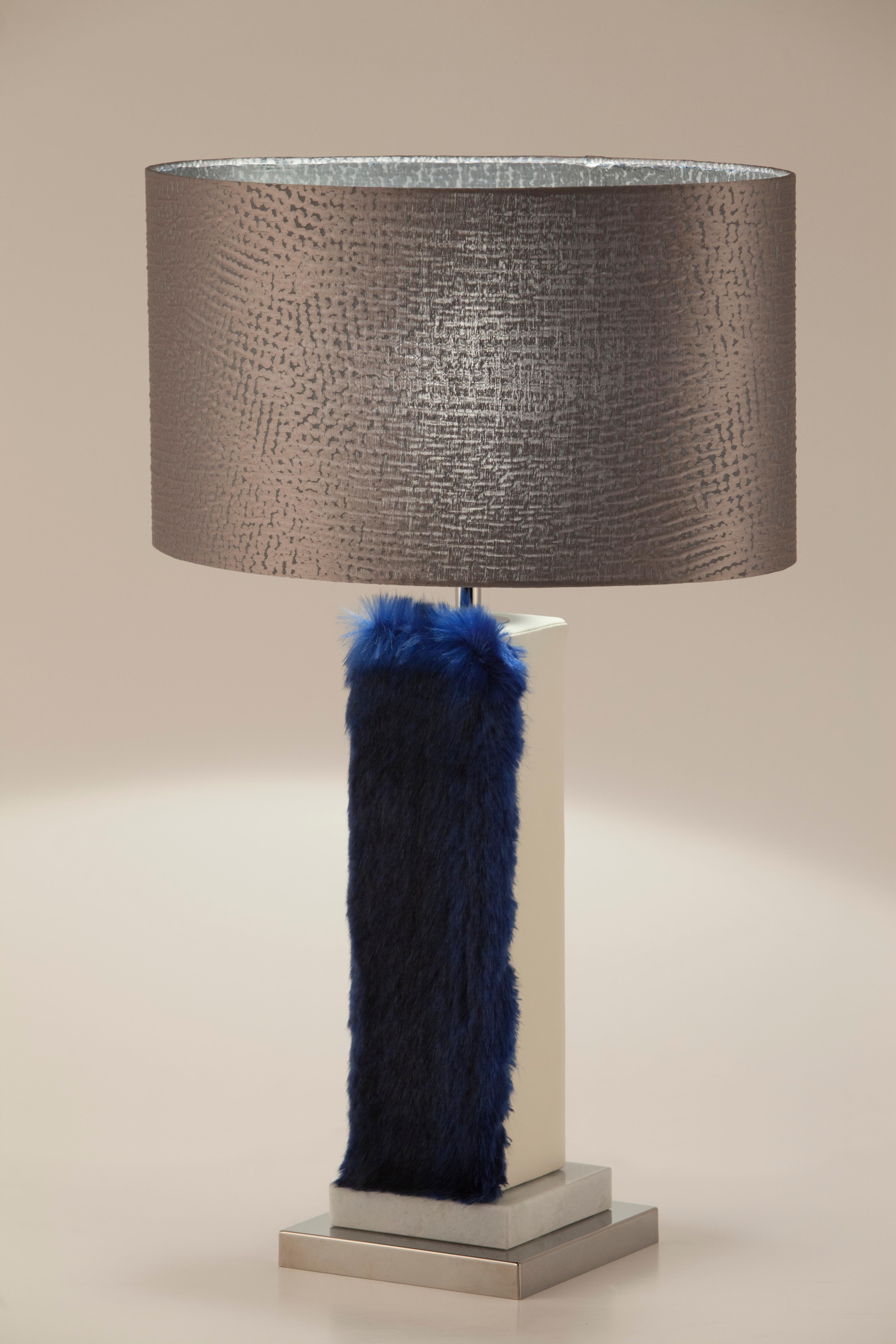 Portuguese Set of 2 Art Deco Simões Table Lamp, Blue Faux Fur Handmade Portugal Greenapple For Sale