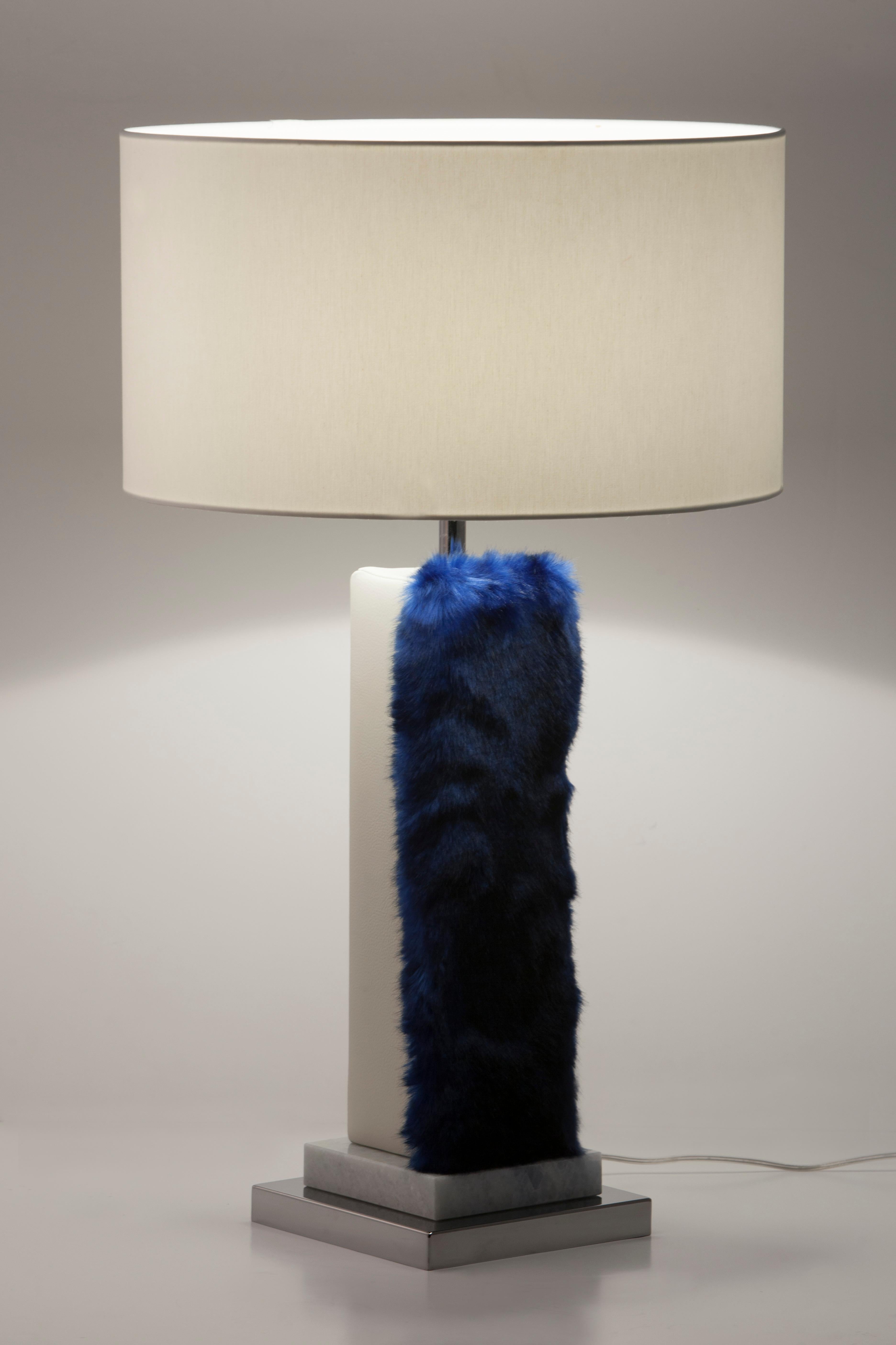 Polished Set of 2 Art Deco Simões Table Lamp, Blue Faux Fur Handmade Portugal Greenapple For Sale