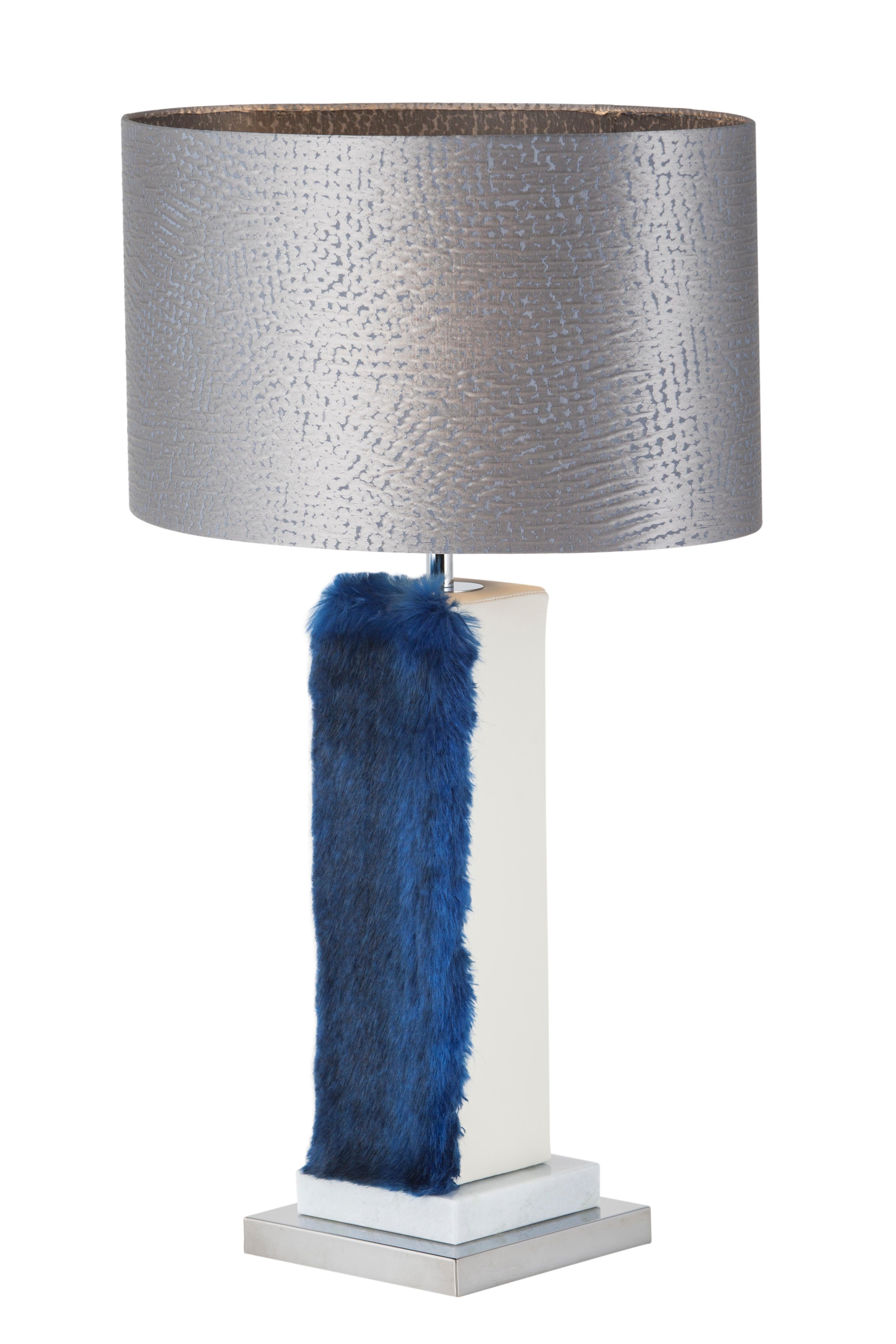 Set of 2 Art Deco Simões Table Lamp, Blue Faux Fur Handmade Portugal Greenapple In New Condition For Sale In Lisboa, PT