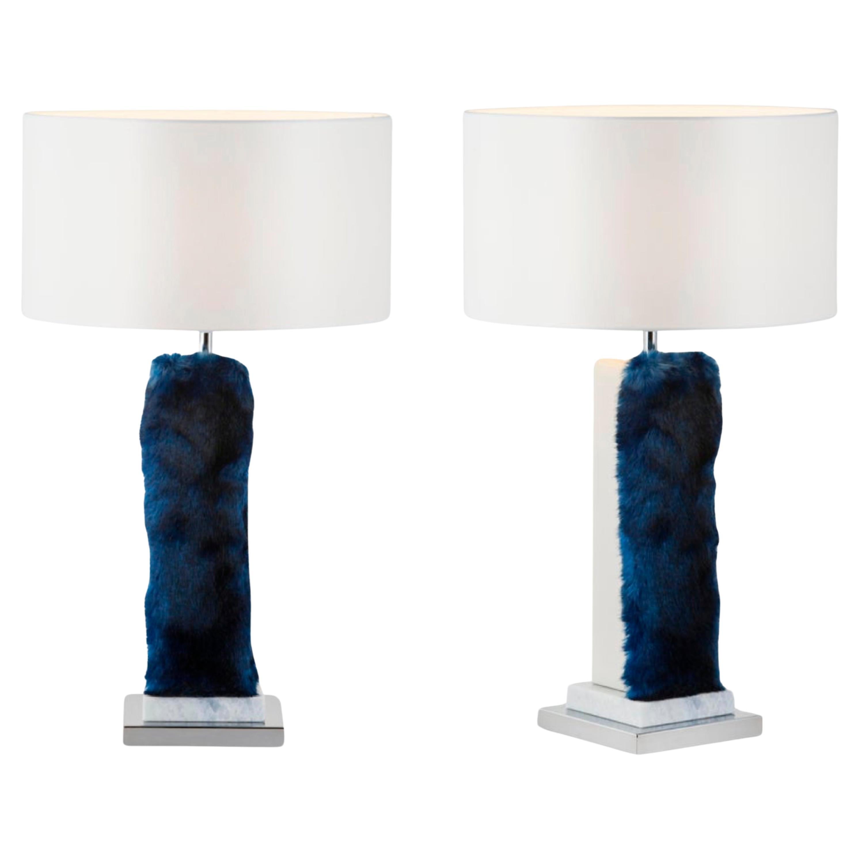 Set of 2 Art Deco Simões Table Lamp, Blue Faux Fur Handmade Portugal Greenapple en vente
