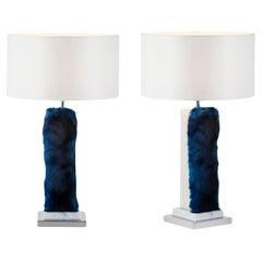 Set of 2 Art Deco Simões Table Lamp, Blue Faux Fur Handmade Portugal Greenapple