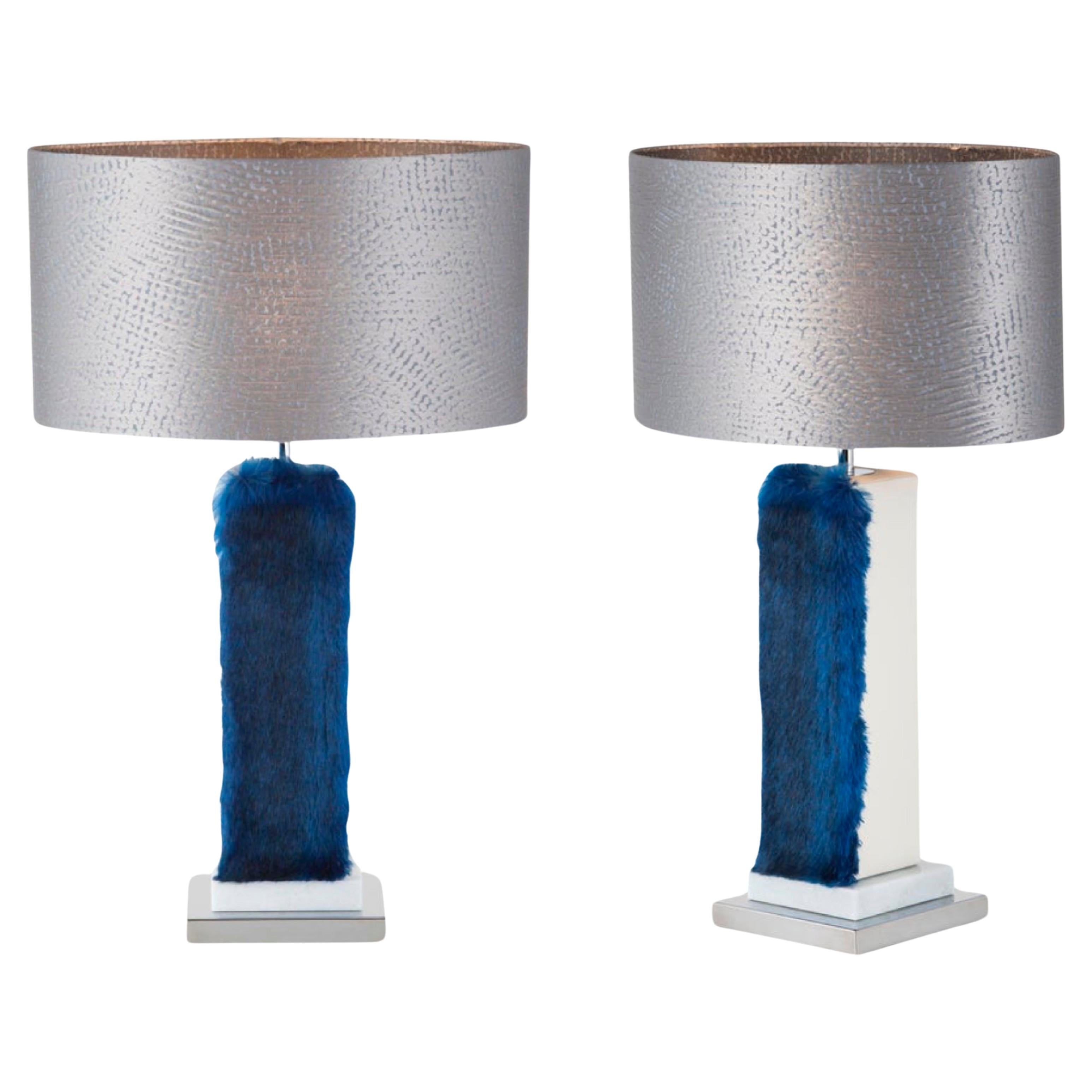 2er Set Art Deco Simões Tischlampe, Blauer Kunstpelz Handgefertigt Portugal Greenapple