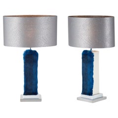 Set of 2 Art Deco Simões Table Lamp, Blue Faux Fur Handmade Portugal Greenapple