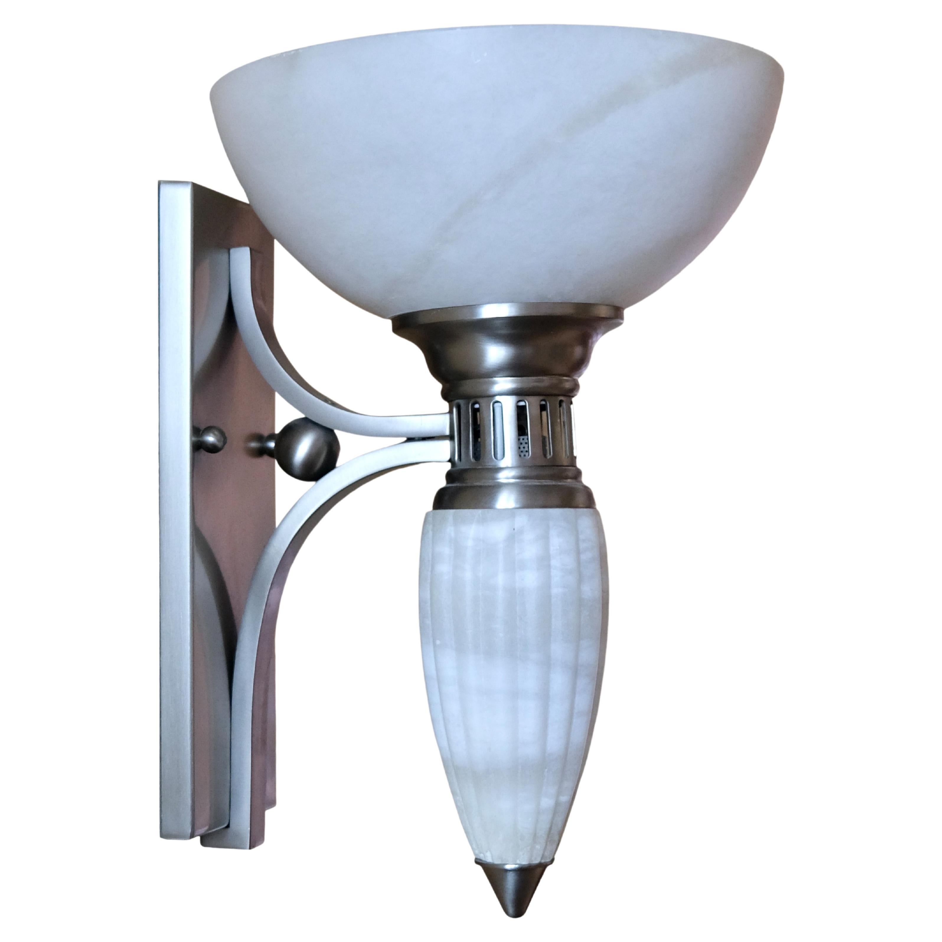 Set of 2 Art Deco Style Wall Sconces with Alabaster Bowls and Illuminated Cones For Sale