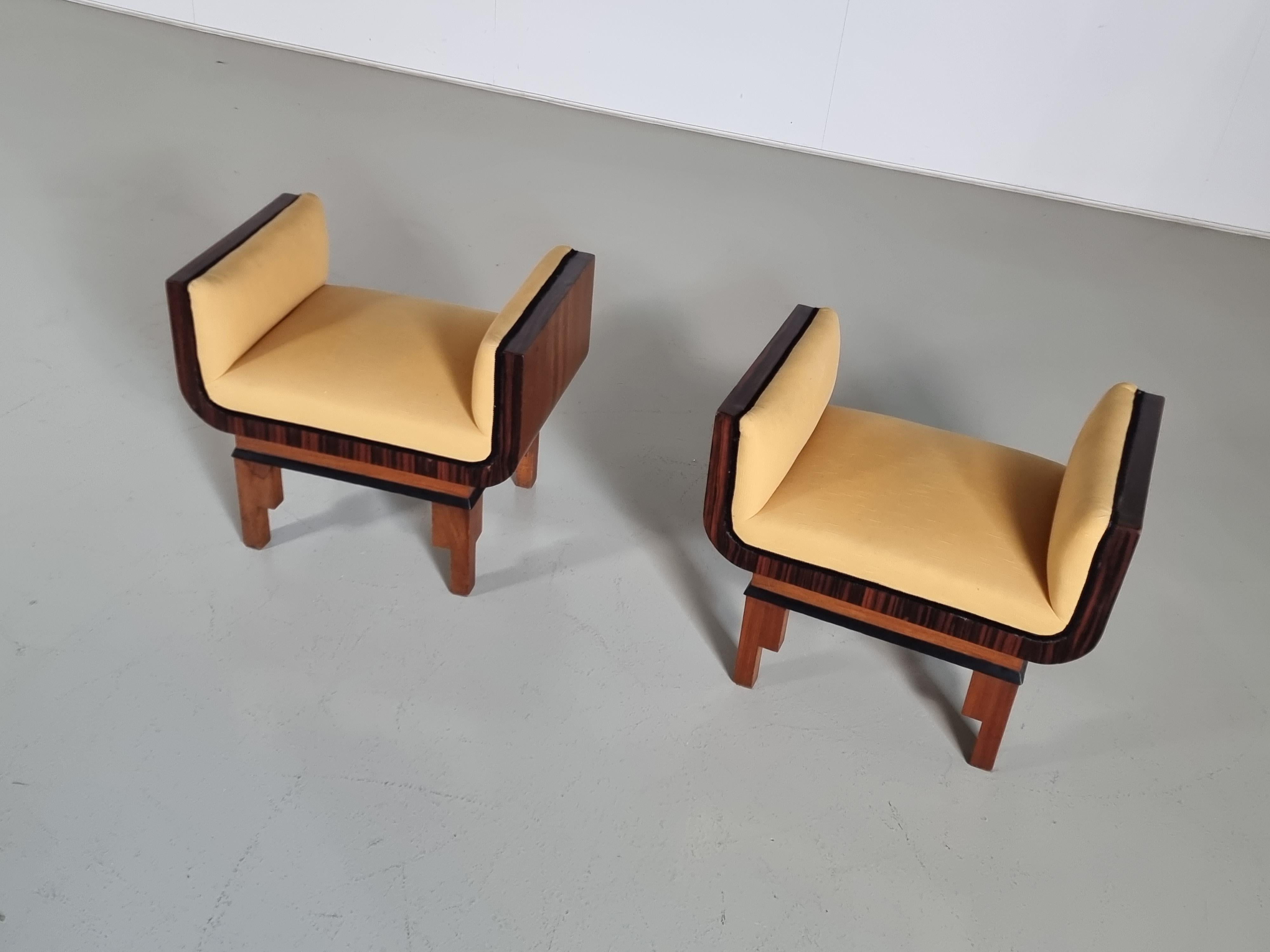 European Set of 2 Art Deco Style Walnut Benches/Footstools, Italy, 1950s