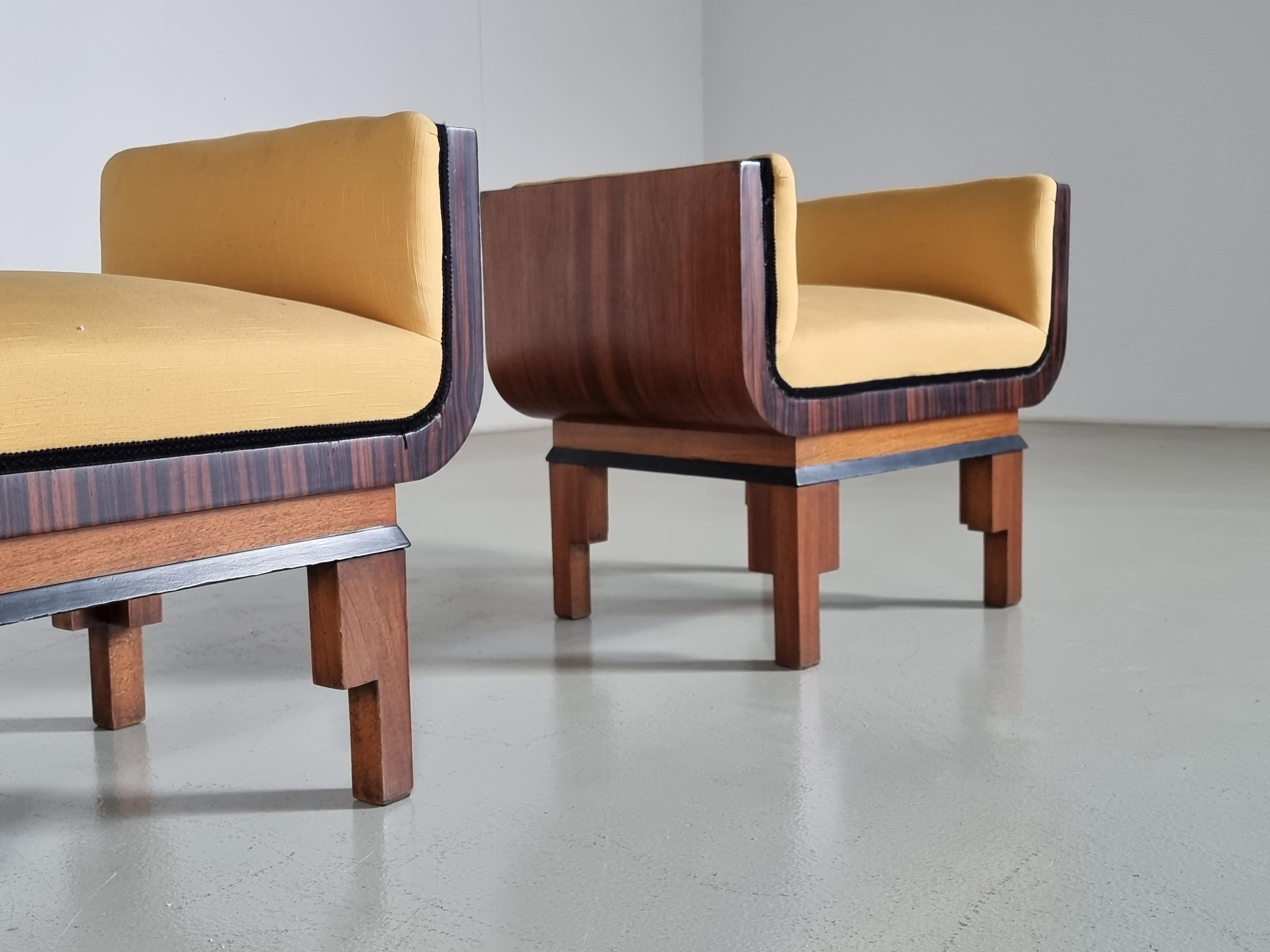 Mid-20th Century Set of 2 Art Deco Style Walnut Benches/Footstools, Italy, 1950s