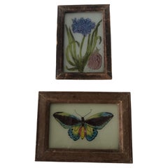 Vintage Set of (2) Art Glass Reversed Painted Butterfly and Flowering Bulb