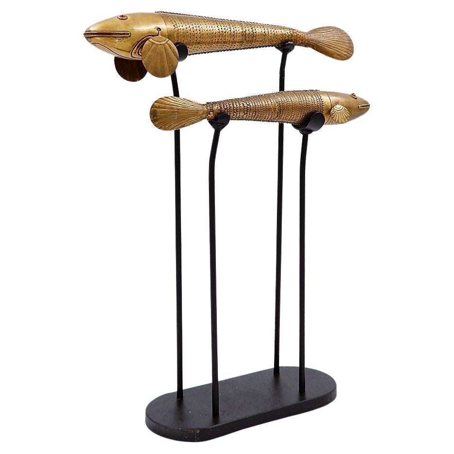 Set of 2 articulated Fish sculptures on stand - 20th