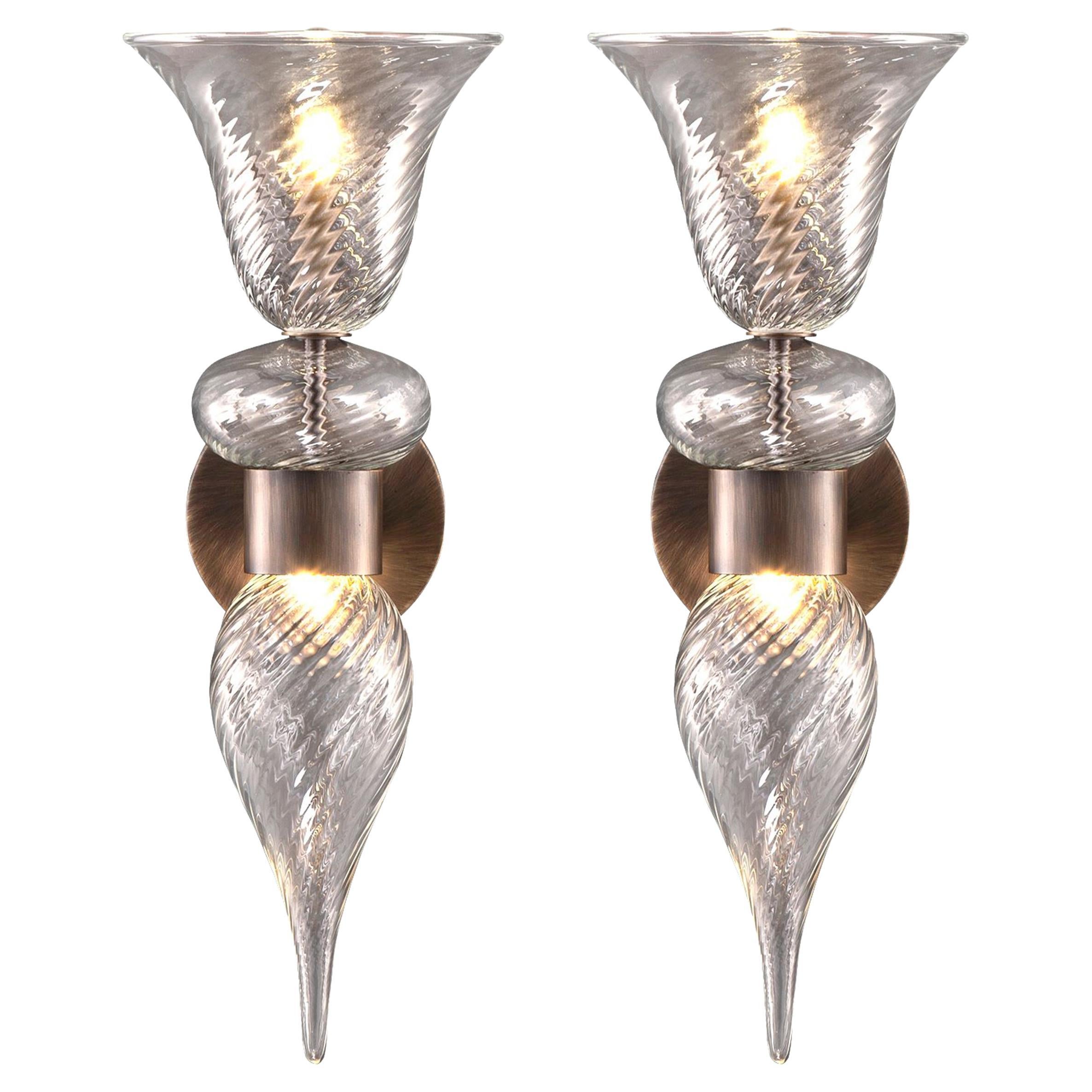 Set of 2 Artistic Sconces Crystal Ribbed Murano Glass Heritage by Multiforme