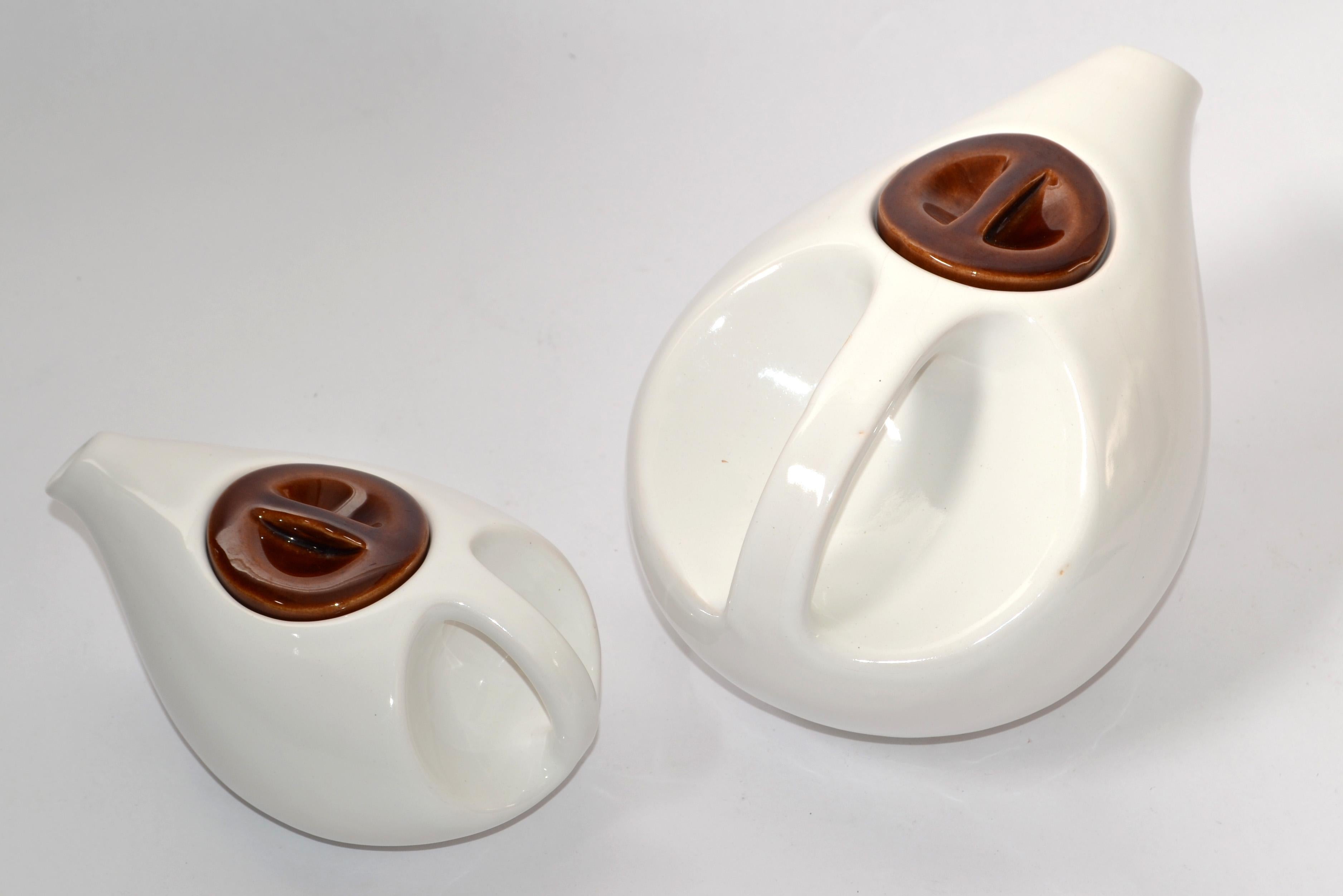 Set of 2 Arts And Crafts White Brown Ceramic Teapots For Sale 1
