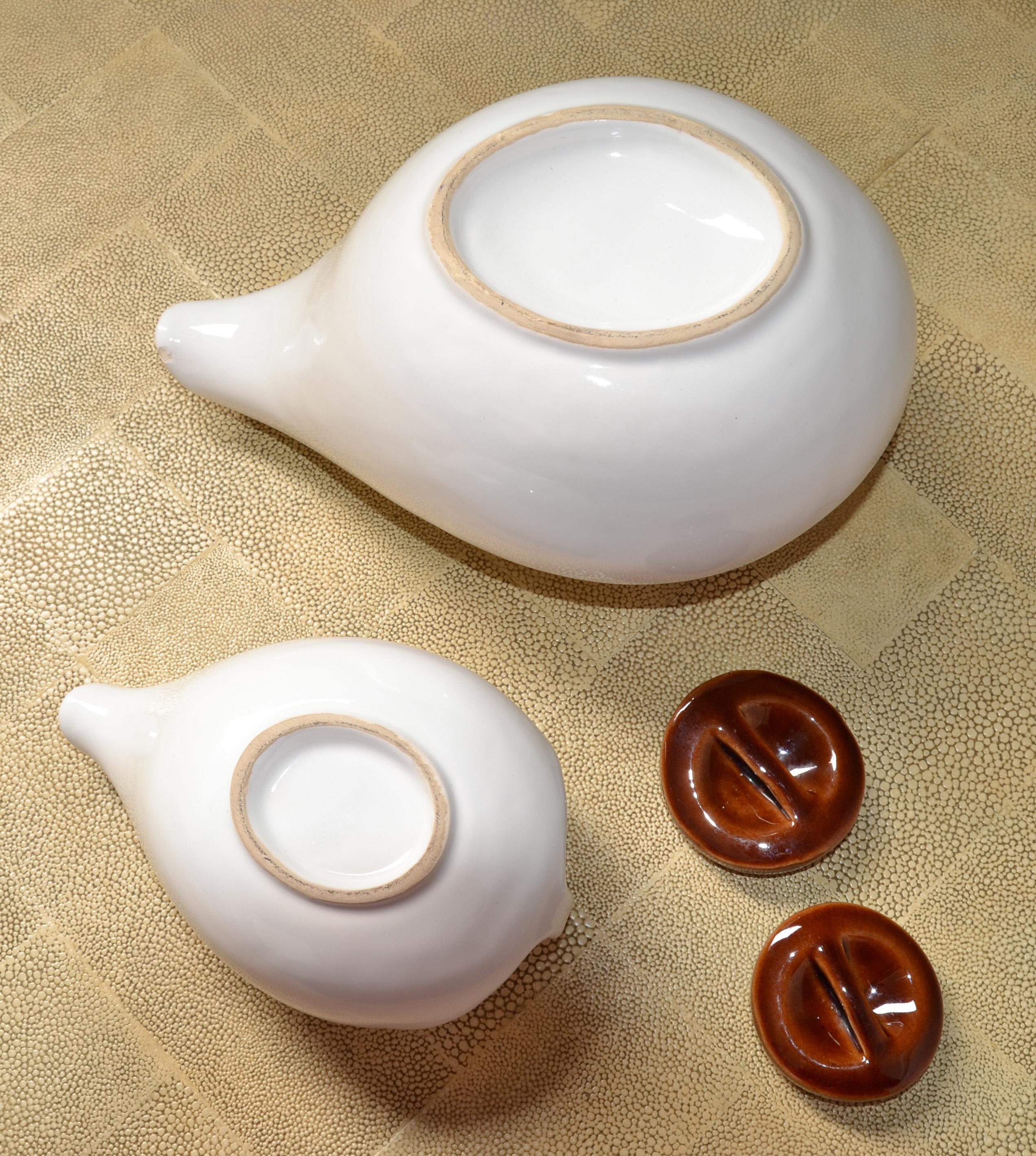 Set of 2 Arts And Crafts White Brown Ceramic Teapots For Sale 3