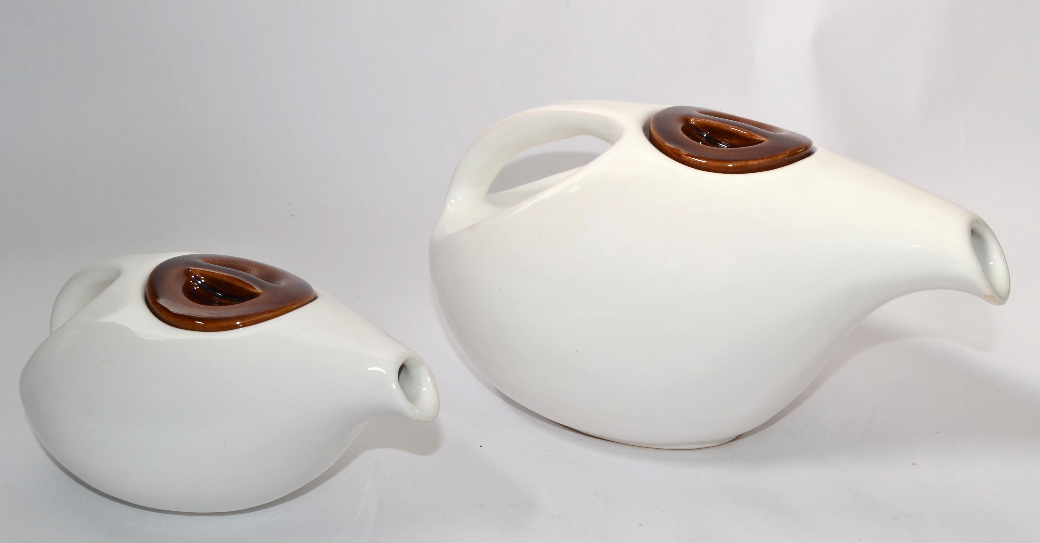 Set of 2 Arts And Crafts White Brown Ceramic Teapots For Sale 5