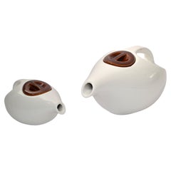 Set of 2 Arts And Crafts White Brown Ceramic Teapots