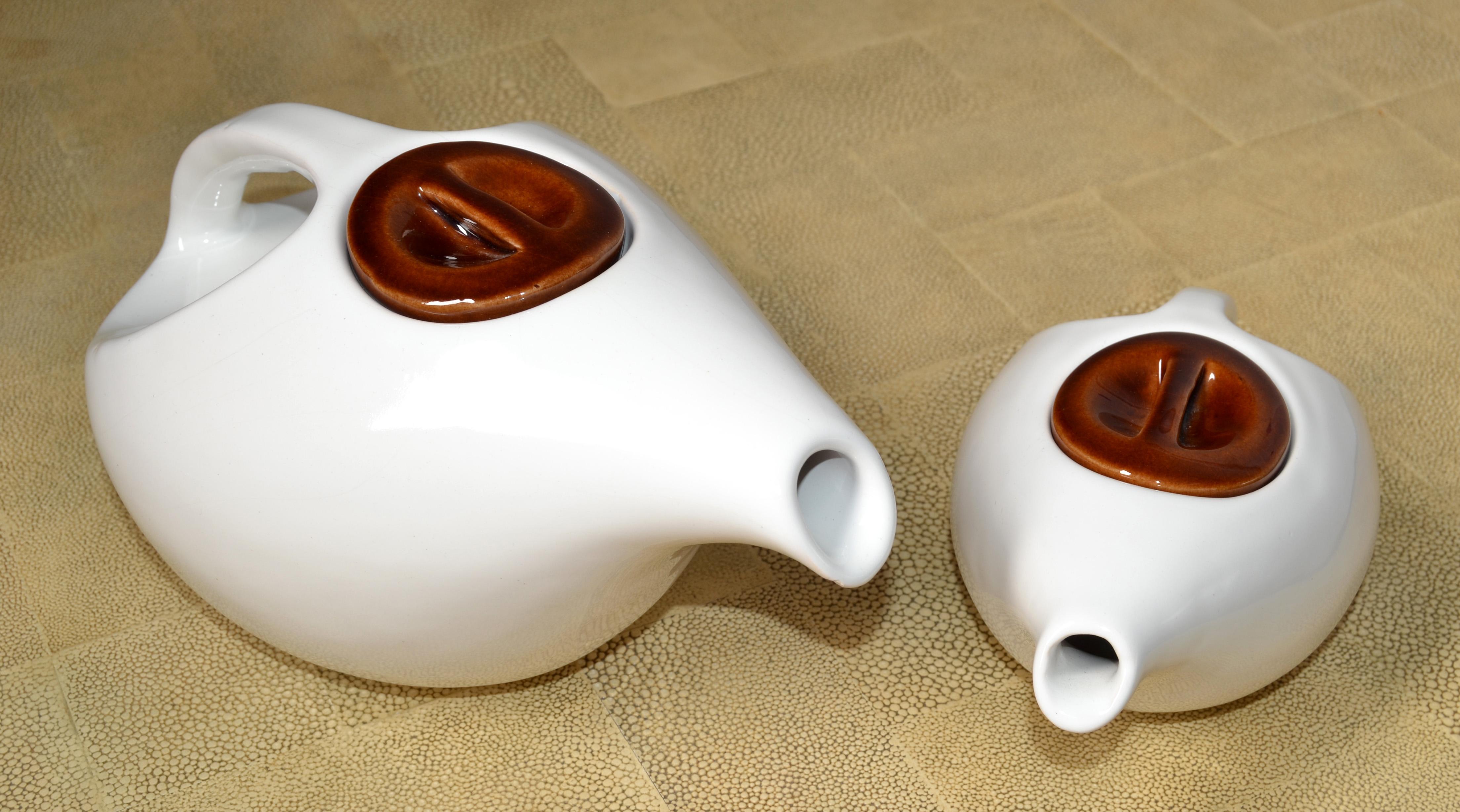 Arts and Crafts Set of 2 Arts And Crafts White Brown Ceramic Teapots For Sale