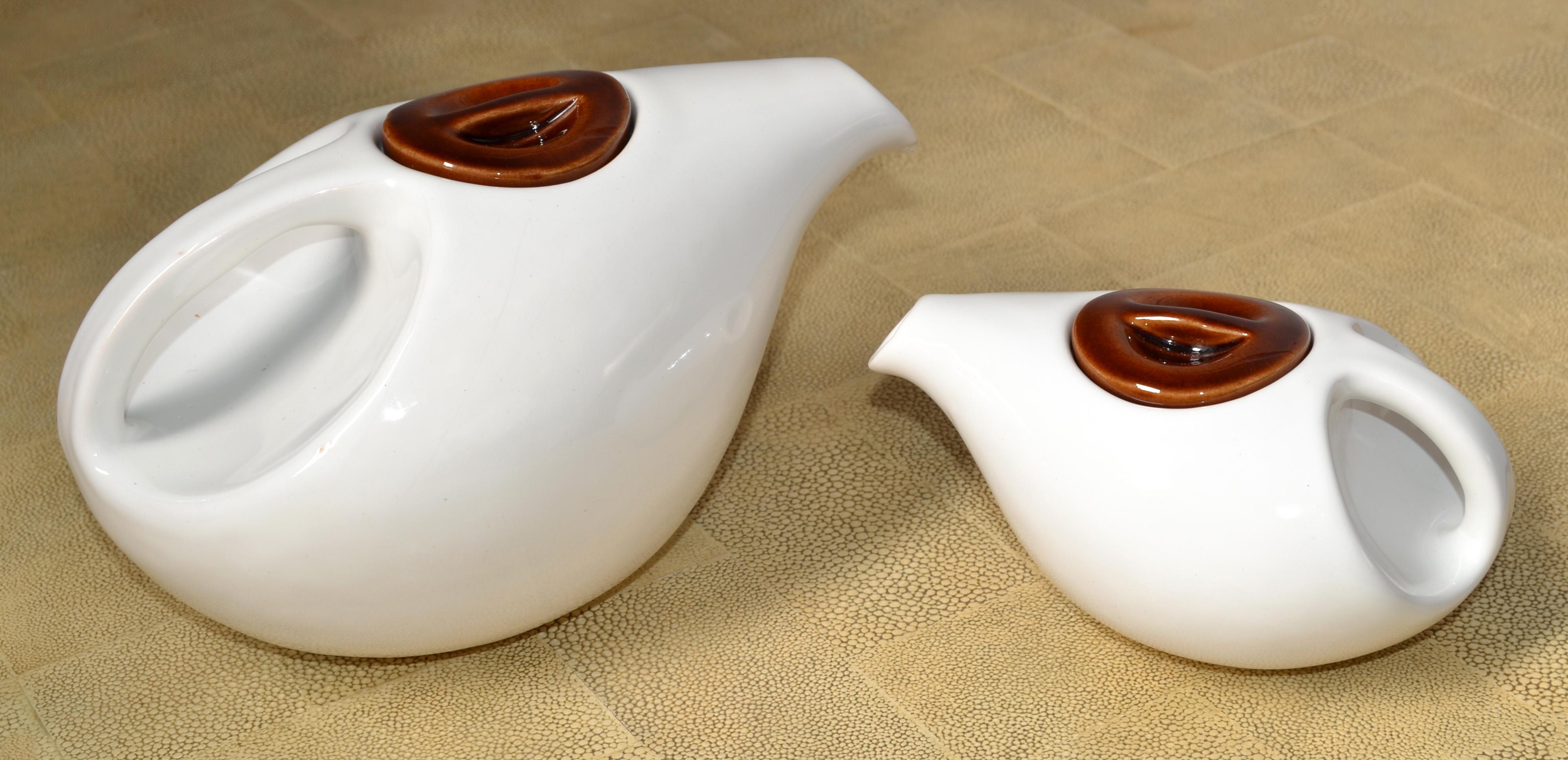 American Set of 2 Arts And Crafts White Brown Ceramic Teapots For Sale