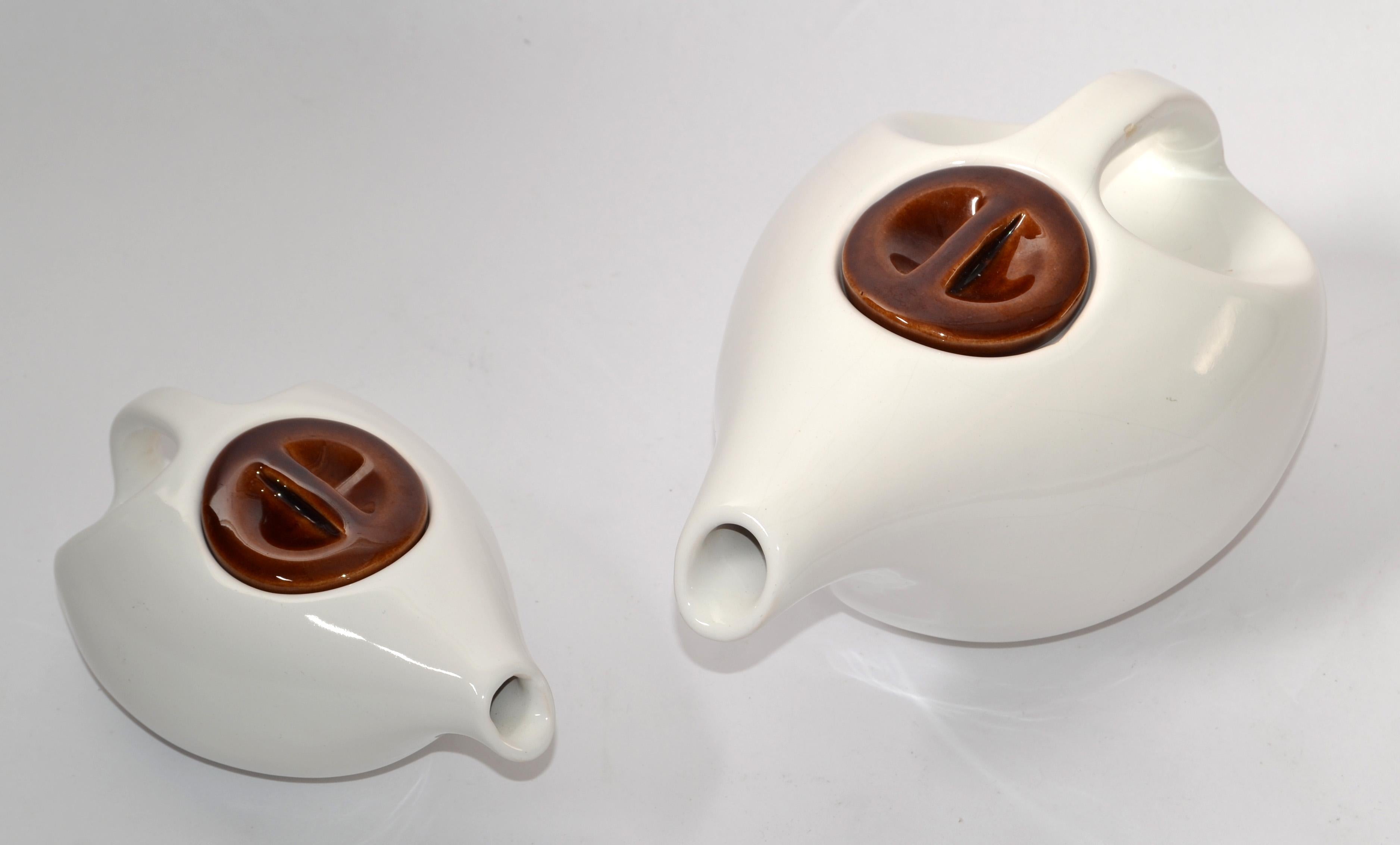 20th Century Set of 2 Arts And Crafts White Brown Ceramic Teapots For Sale