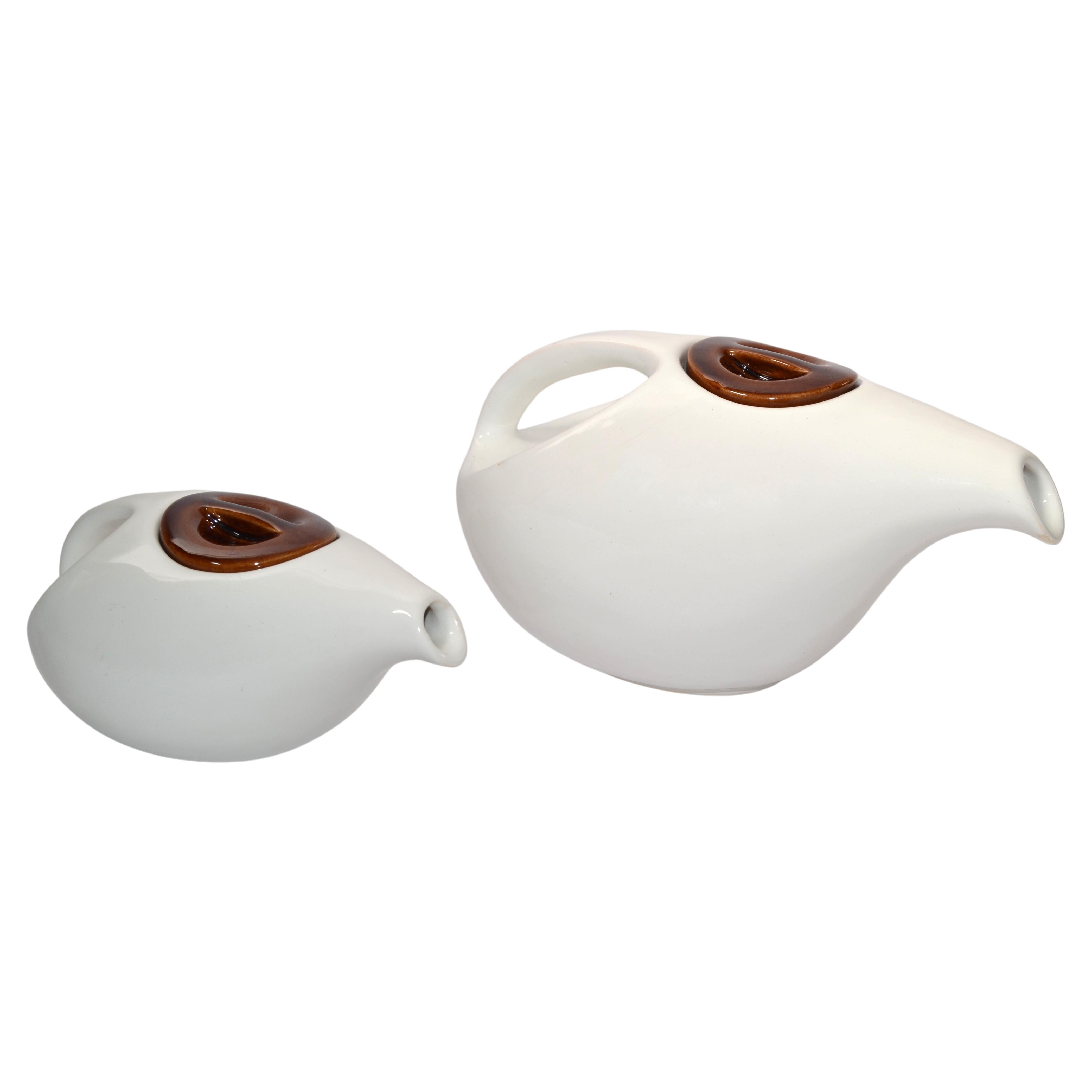 Set of 2 Arts And Crafts White Brown Ceramic Teapots