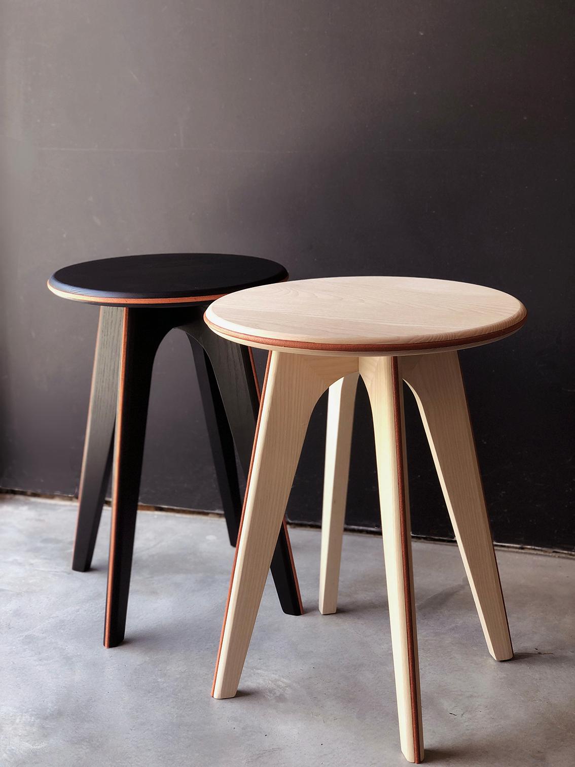 Set of 2 Ash and Orange Leather ASSY Stools by Mademoiselle Jo
Dimensions: Ø 35 x H 43 cm (each).
Materials: Black stained/bleached ash and orange leather.

Available in two wood colors and several designs.  Please contact us.

At the border between