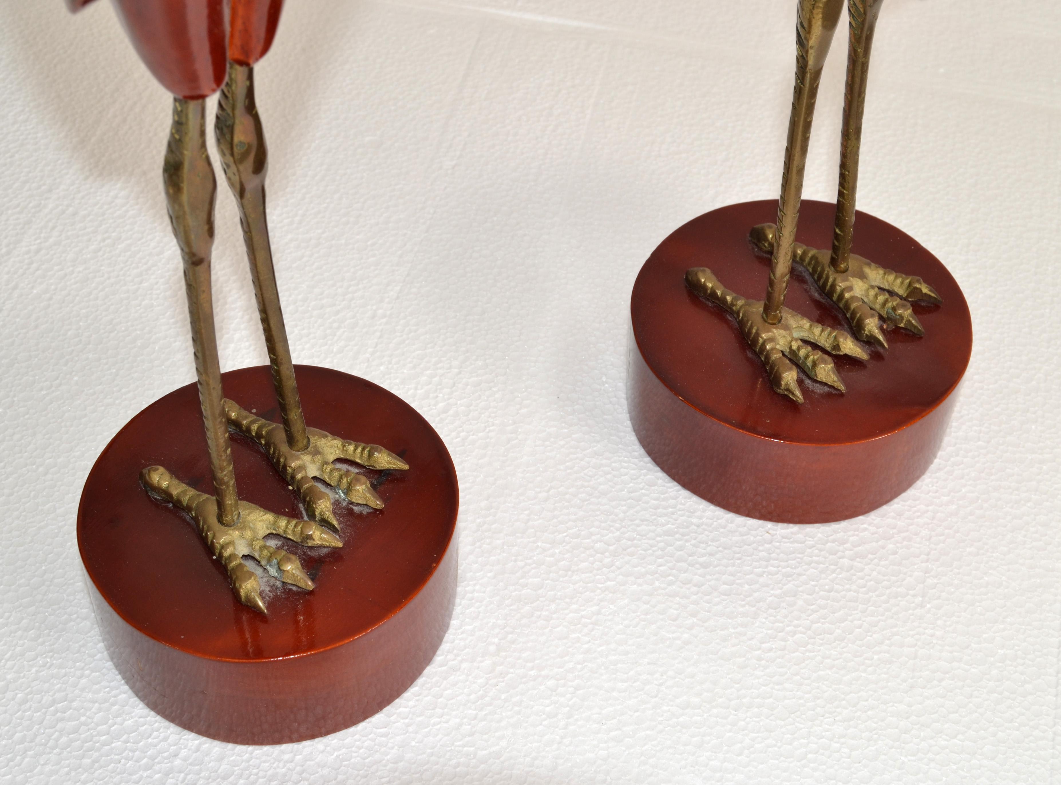 Set Of 2 Asian Modern Stylized Brass Wood Handmade Crane Sculptures Round Base   For Sale 3