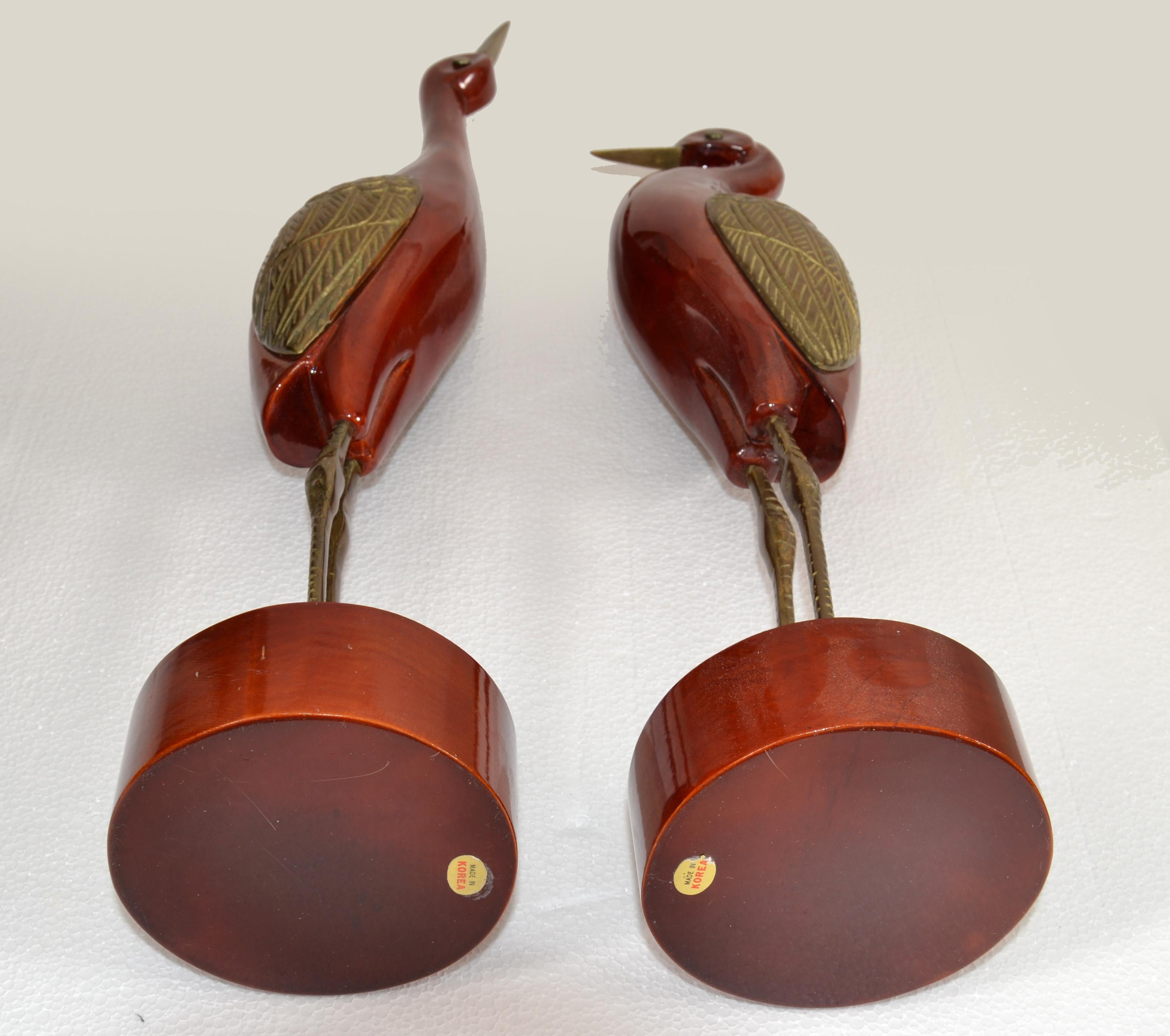 Set Of 2 Asian Modern Stylized Brass Wood Handmade Crane Sculptures Round Base   For Sale 4