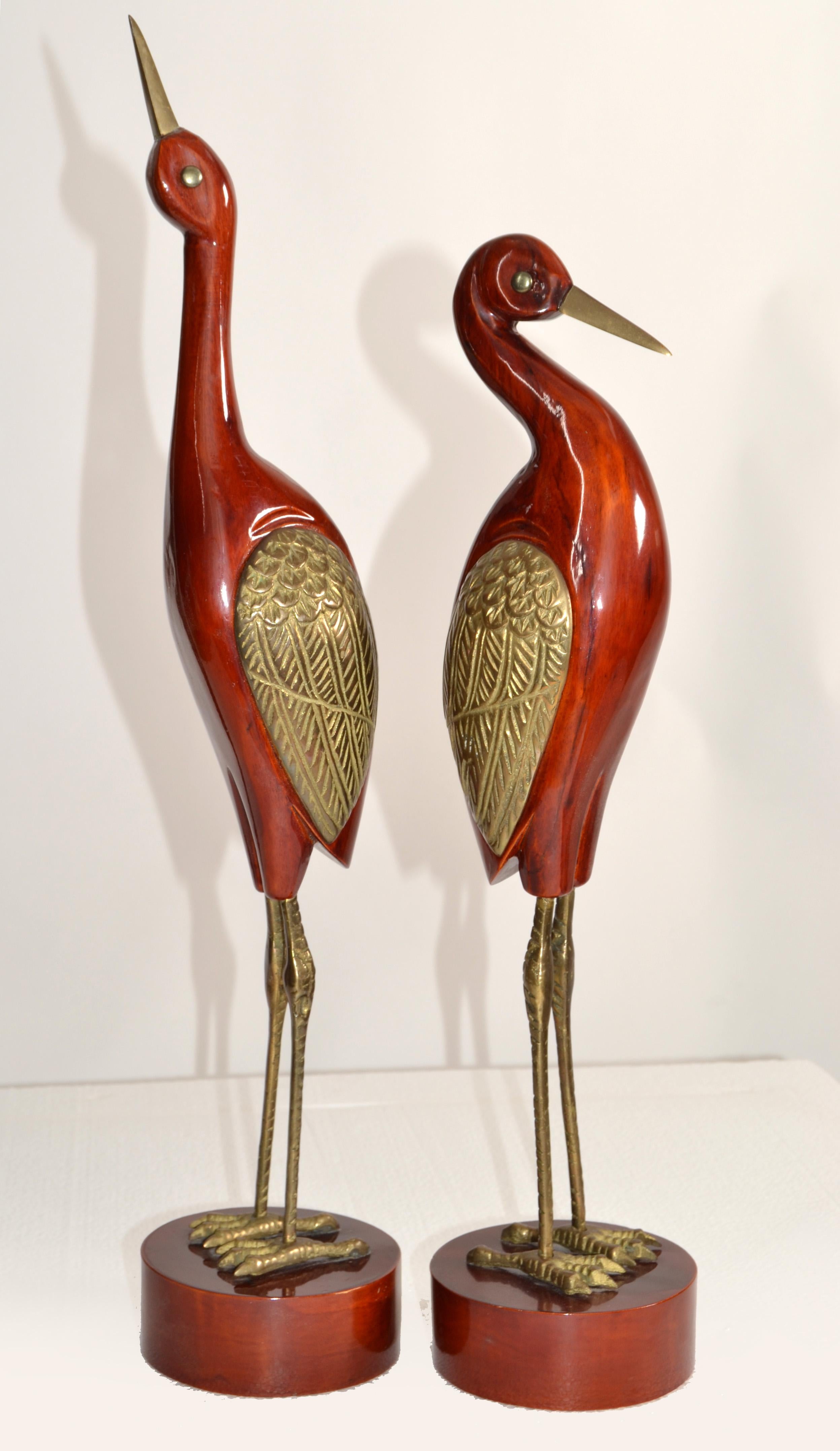 Set Of 2 Asian Modern Stylized Brass Wood Handmade Crane Sculptures Round Base   For Sale 6