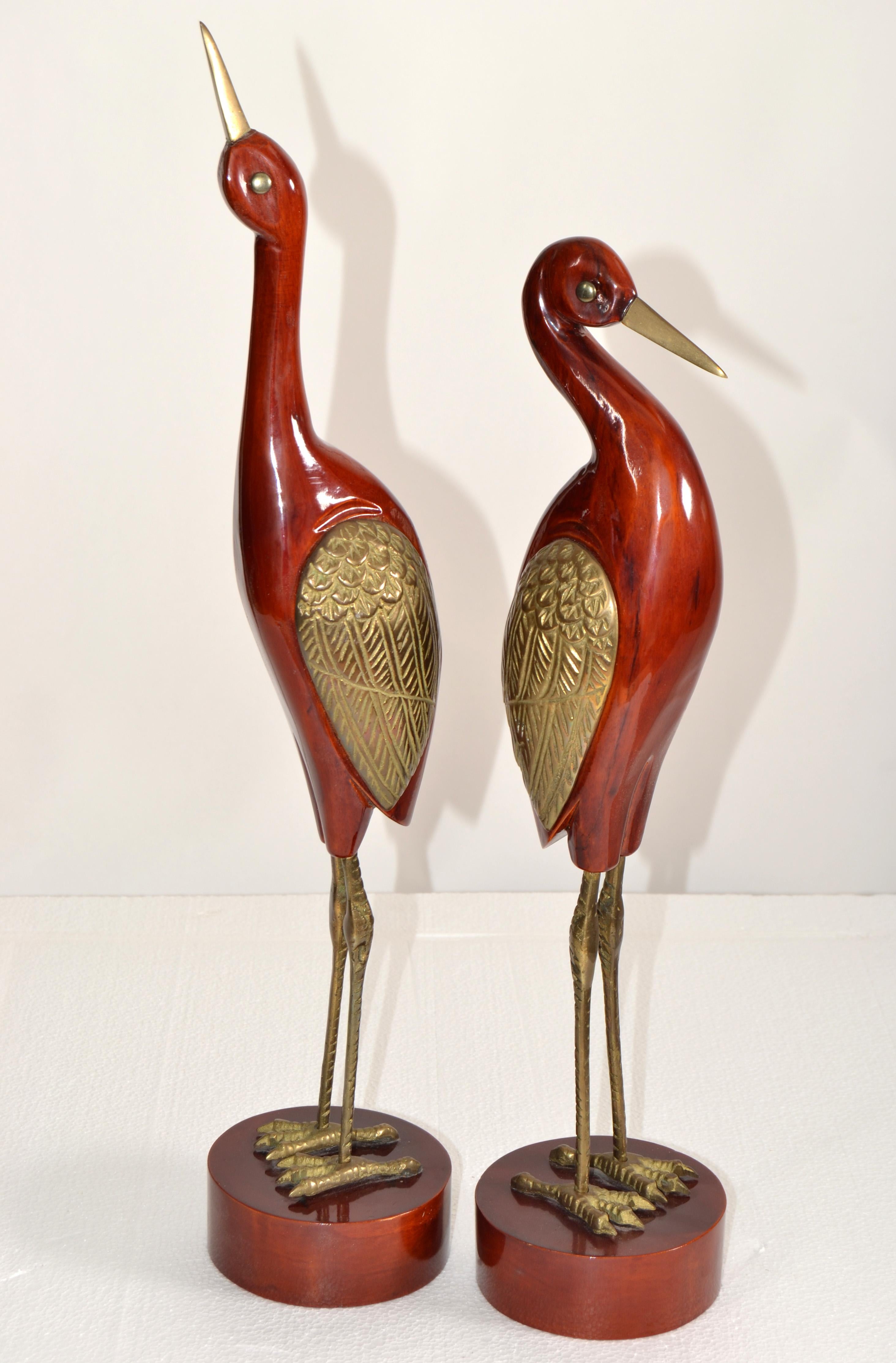 Korean Set Of 2 Asian Modern Stylized Brass Wood Handmade Crane Sculptures Round Base   For Sale