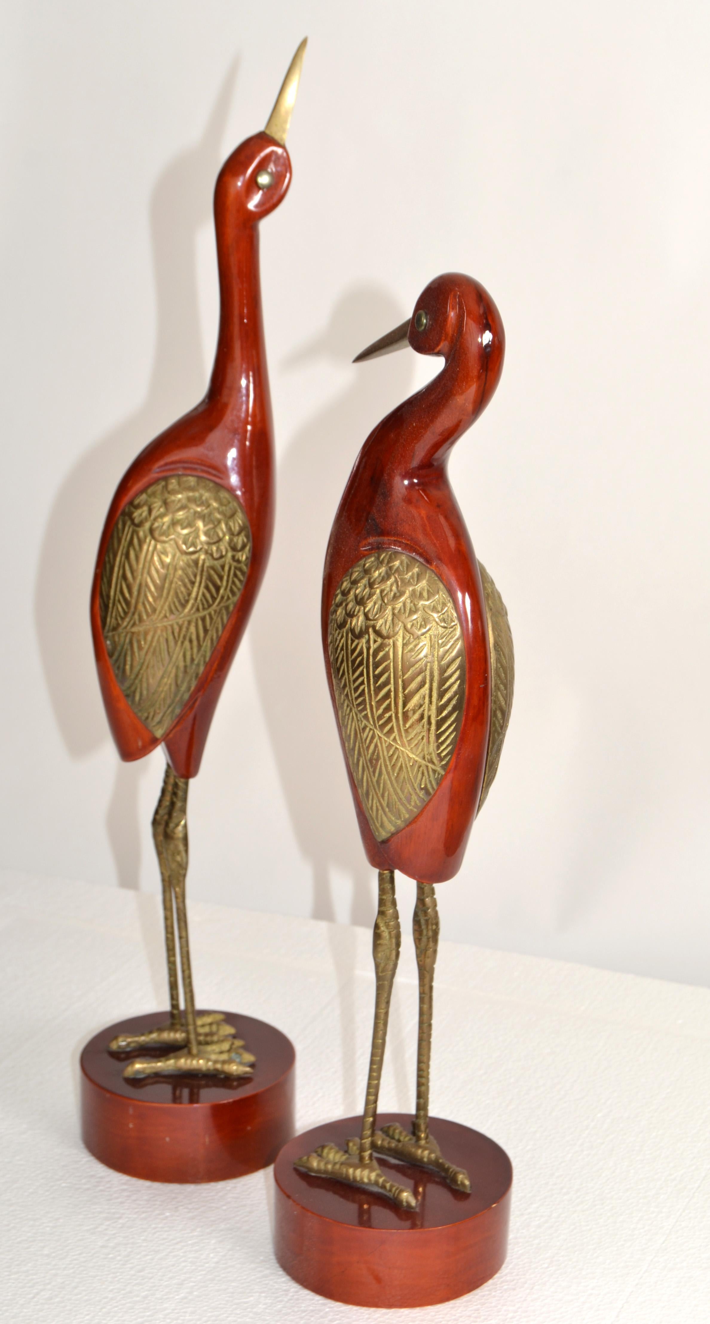 Hand-Carved Set Of 2 Asian Modern Stylized Brass Wood Handmade Crane Sculptures Round Base   For Sale