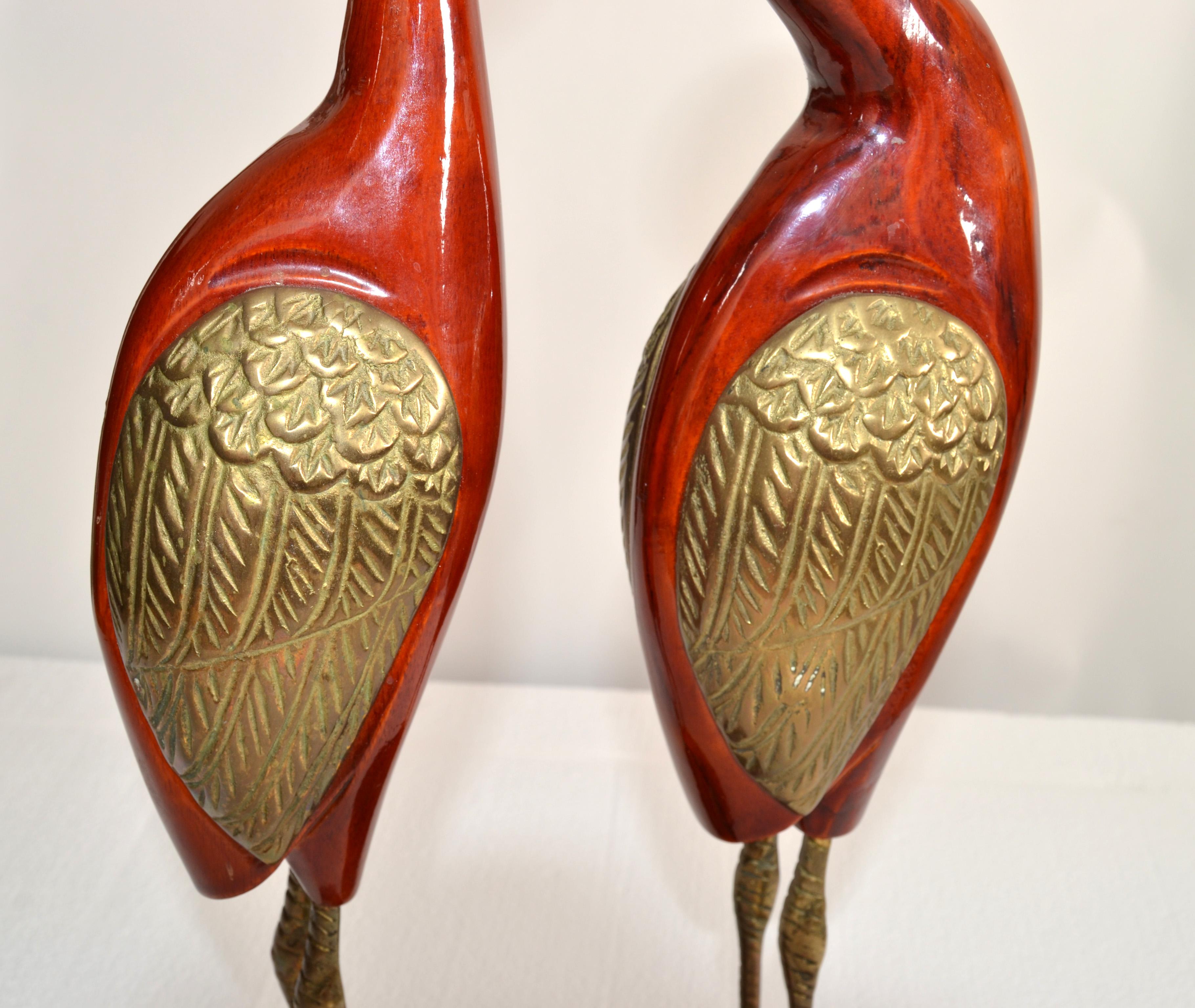 Set Of 2 Asian Modern Stylized Brass Wood Handmade Crane Sculptures Round Base   For Sale 1
