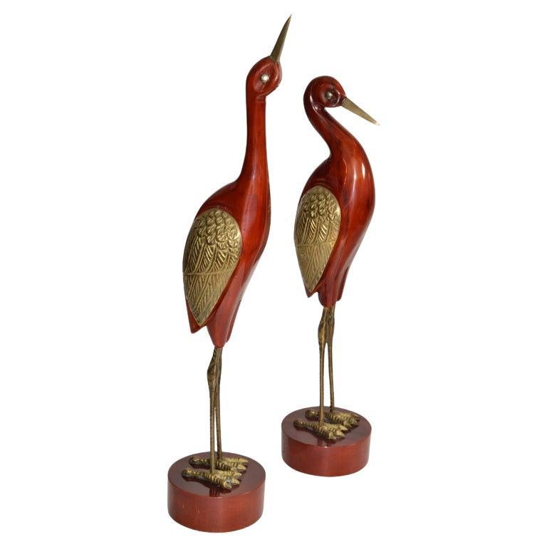 Set Of 2 Asian Modern Stylized Brass Wood Handmade Crane Sculptures Round Base   For Sale