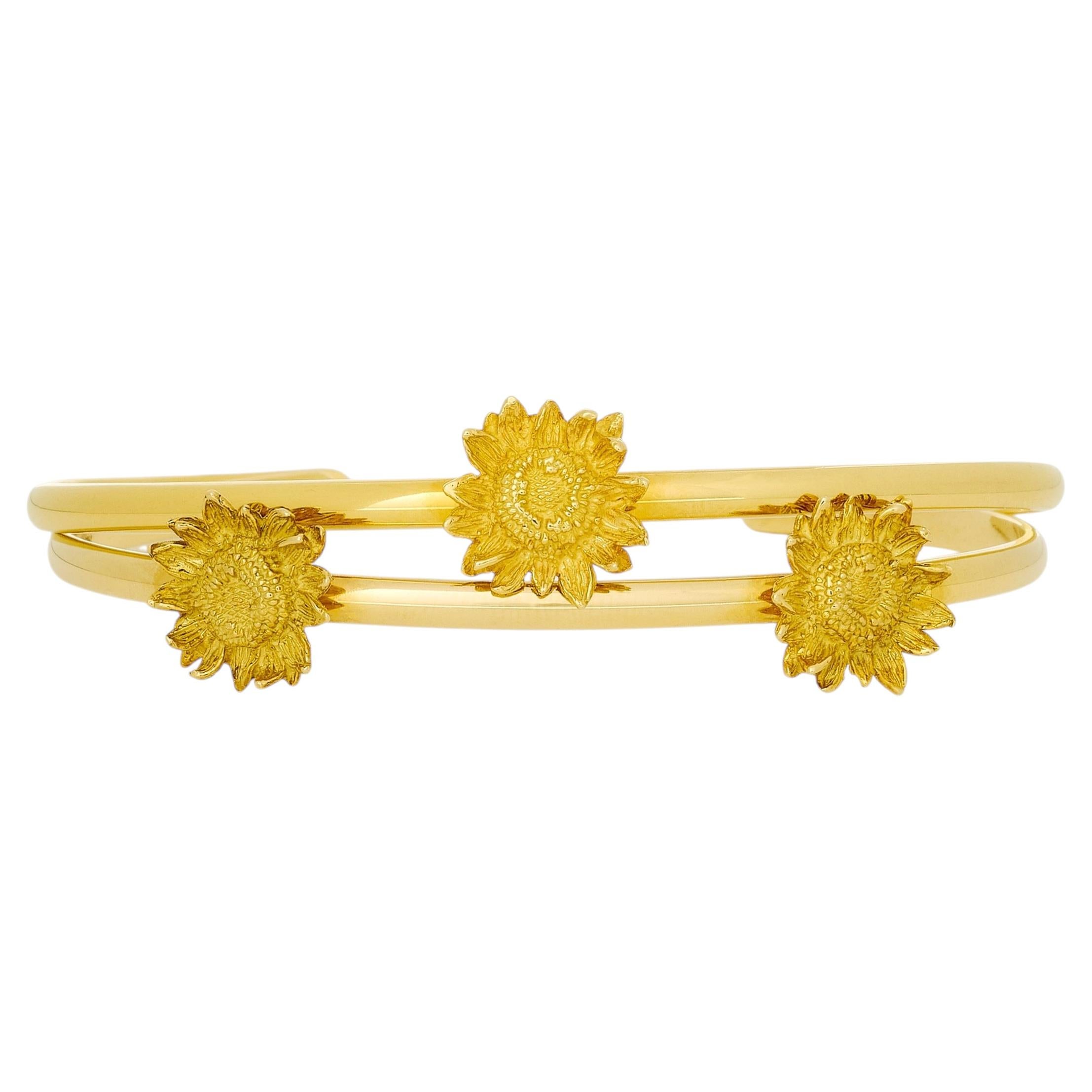 Set of 2 Asprey 18 Karat Yellow Gold Sunflower Floral Bangle Bracelets