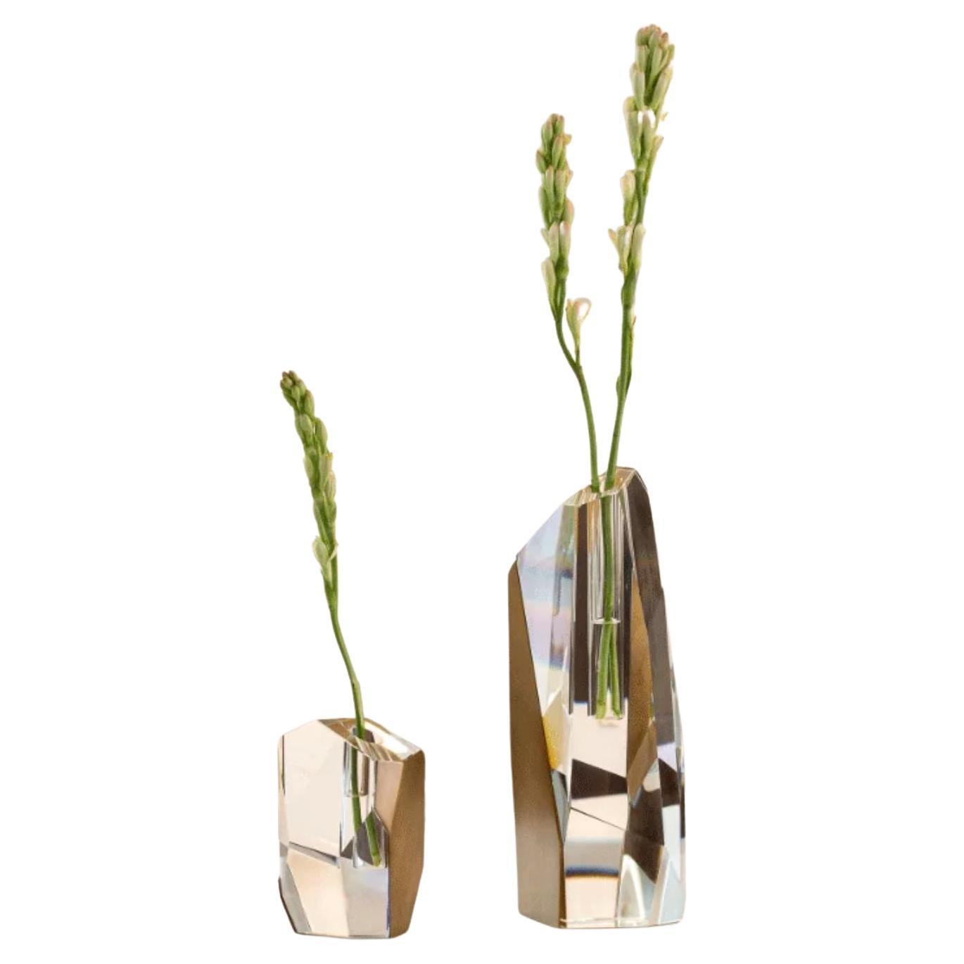 Set of 2 Asymmetrical Crystal Vases with Brass Accents by Dainte For Sale