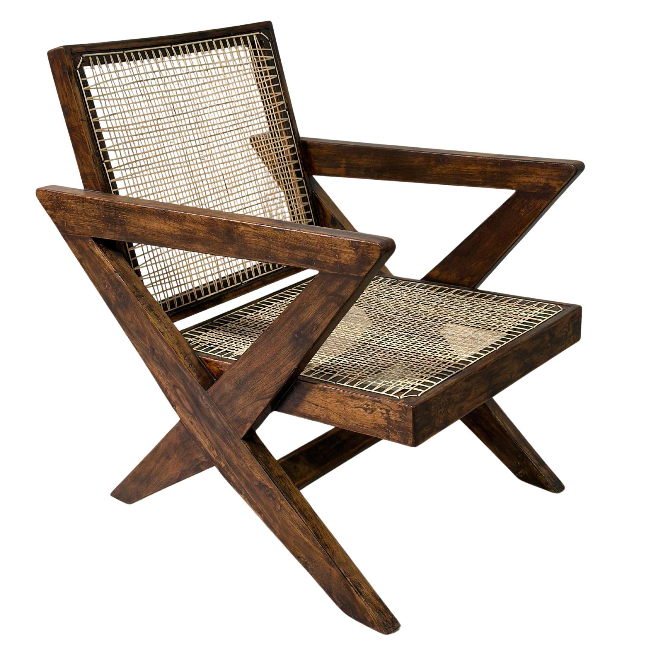 20ième siècle Set of 2 Authentic Pierre Jeanneret X-Leg Lounge Chairs, Model PJ-SI-45-A, India en vente