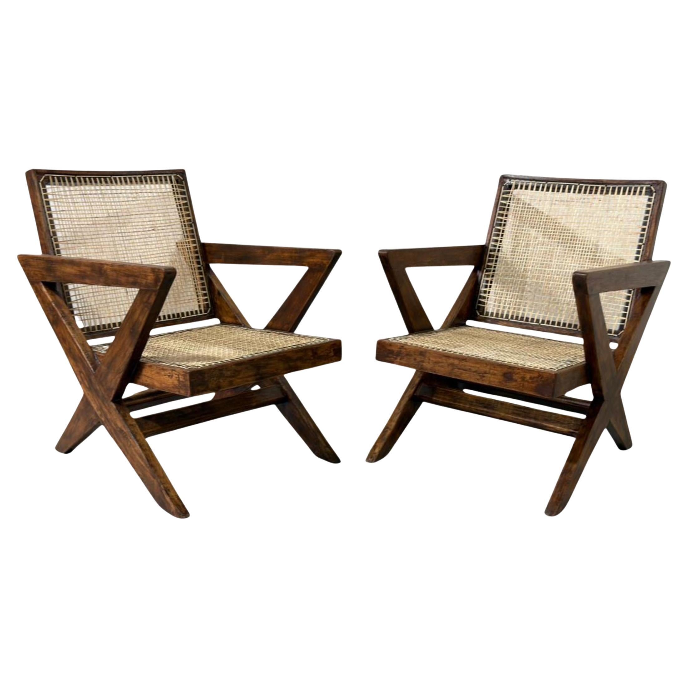 Set of 2 Authentic Pierre Jeanneret X-Leg Lounge Chairs, Model PJ-SI-45-A, India