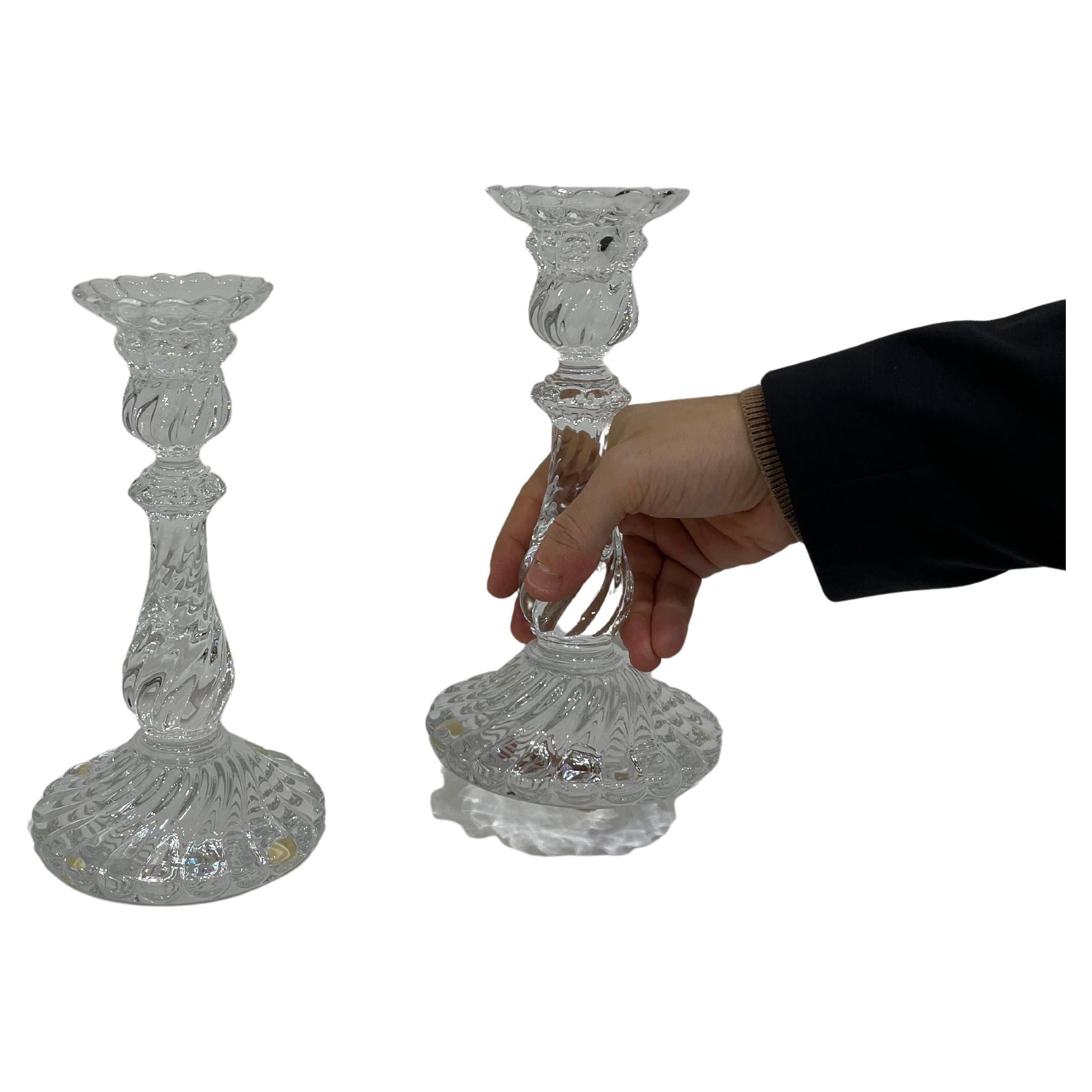 Set Of 2 Baccarat French Crystal Torchon Candlesticks, 1980s