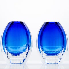 Set of 2 Baccarat Geometric Vases Cobalt Blue Clear Crystal Glass, France