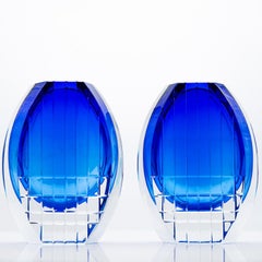Set of 2 Baccarat Geometric Vases Cobalt Blue Clear Crystal Glass, France
